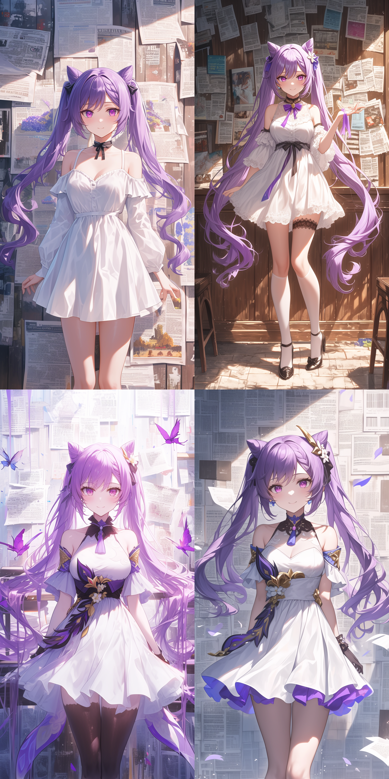 原神角色，刻晴，报纸墙背景，身穿纯白色连衣裙，紫色双马尾，微笑，站着，高品质。美丽的幻想，极其精致的插图，出色的配色方案，简洁的构图，景深效果，灯光舞台，肖像拍摄，特写，半身照，