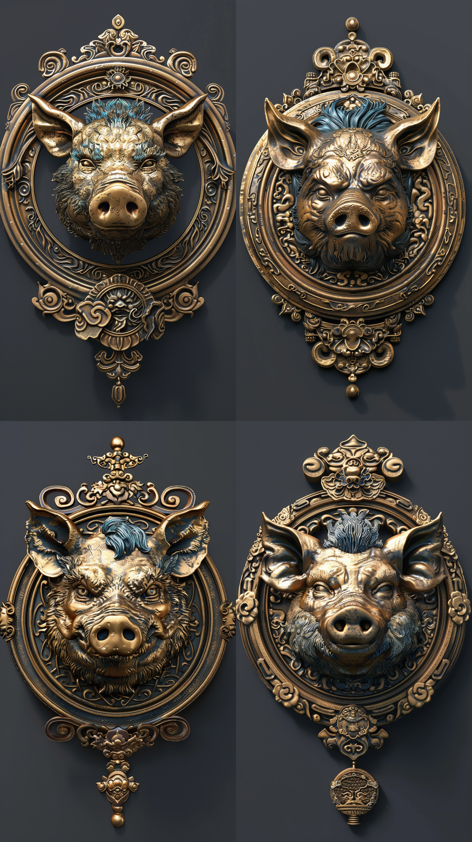 3d渲染的黄金质感猪头，一个详细的的脸庞，采用青铜风格，置于一个装饰华丽的圆形盾牌之上。圆圈装饰有复杂的图案和细节。中心是一头直视前方的优雅猪头，带有蓝色的头发。背景是深灰色。