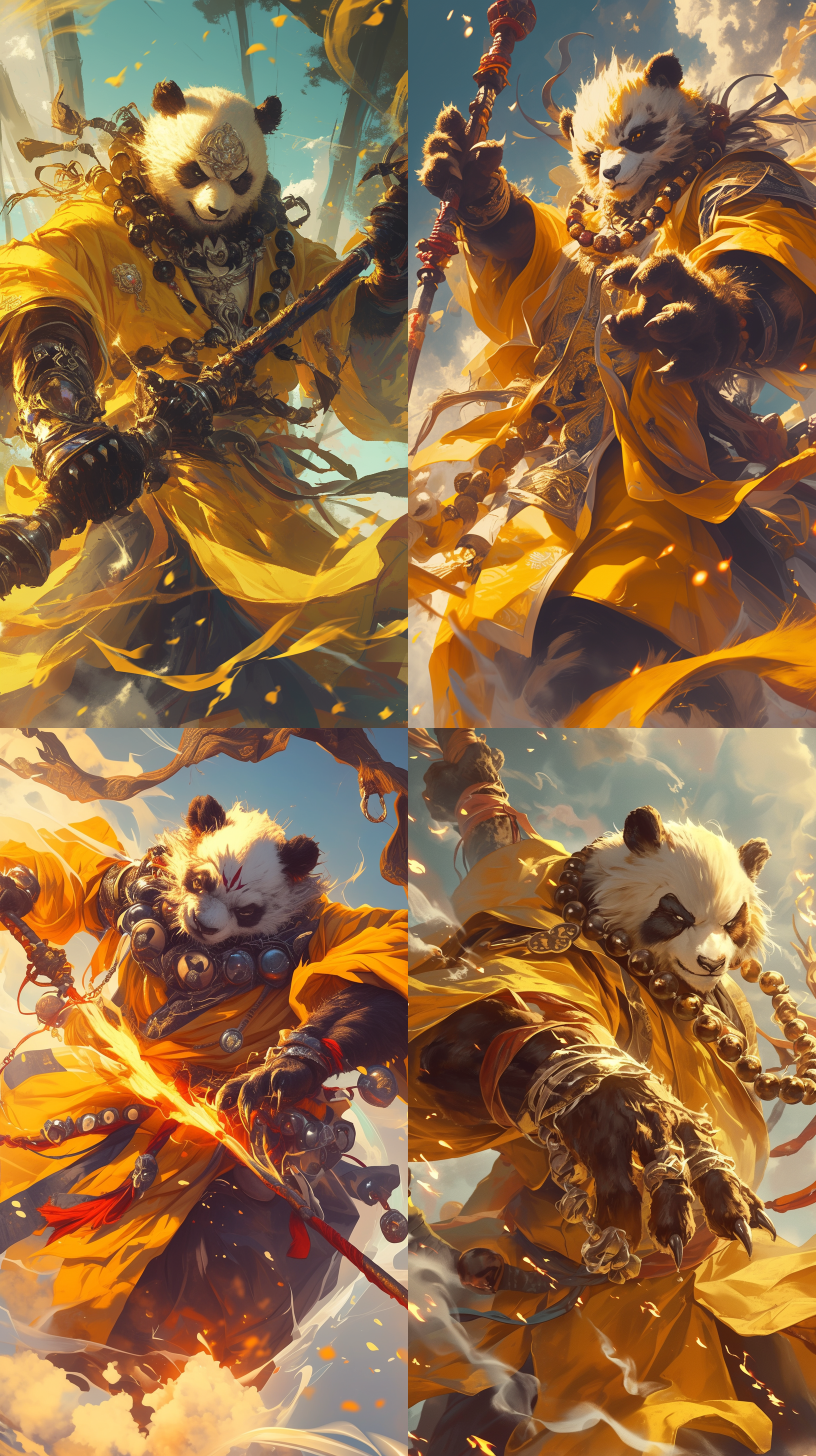 熊猫头武僧，黄色僧袍，佛珠，持棍，击退邪魔，高饱和度，动感，暖色调，广角镜头，侧光，战斗气息，护法力量，激情。