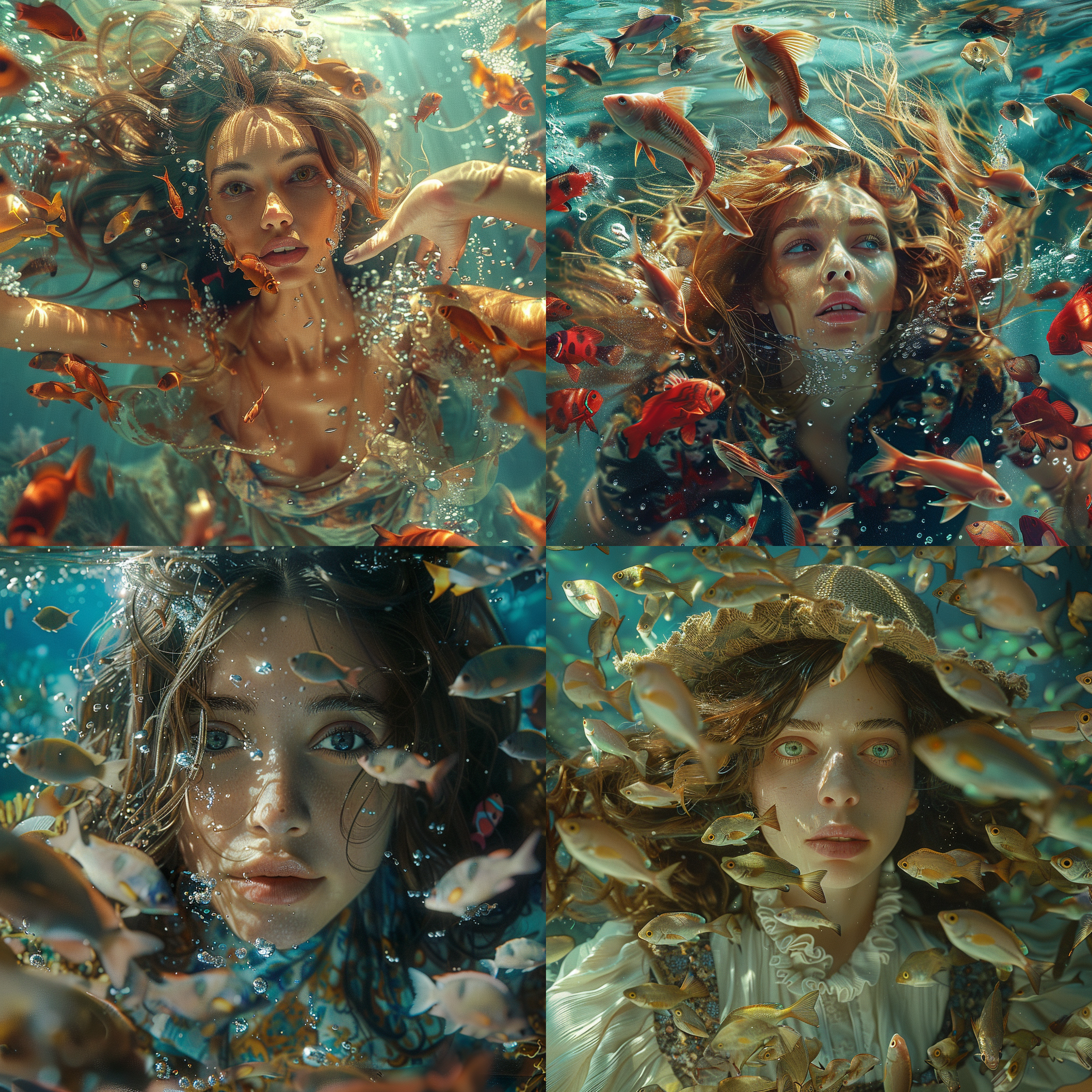 美女，潜水，8k，中间，超写实，细节拉满，旁边很多小鱼，正面像