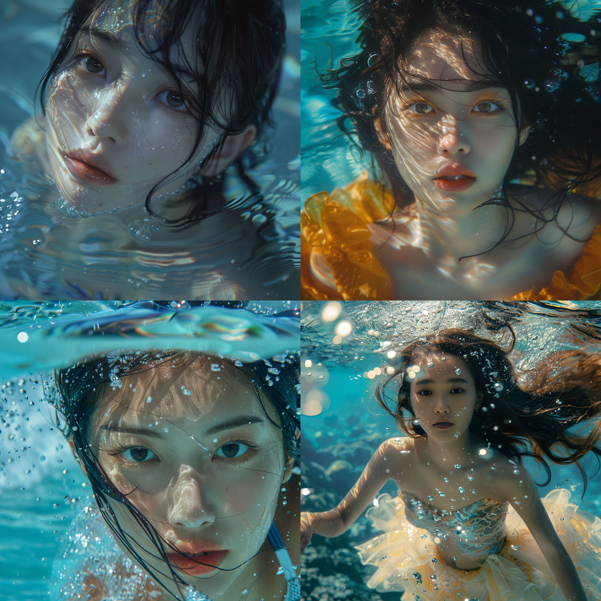 一位亚洲美女，在海里潜水，8k，写实，写真，长焦，8k，细节拉满，正面像