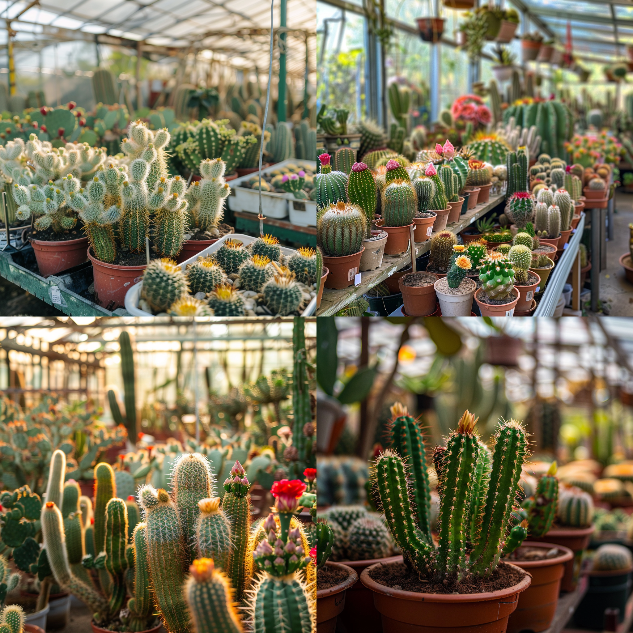 温室内仙人球，多样生长姿态，对角线构图，鲜艳色彩，微距镜头，自然光，盆栽修剪，静态。