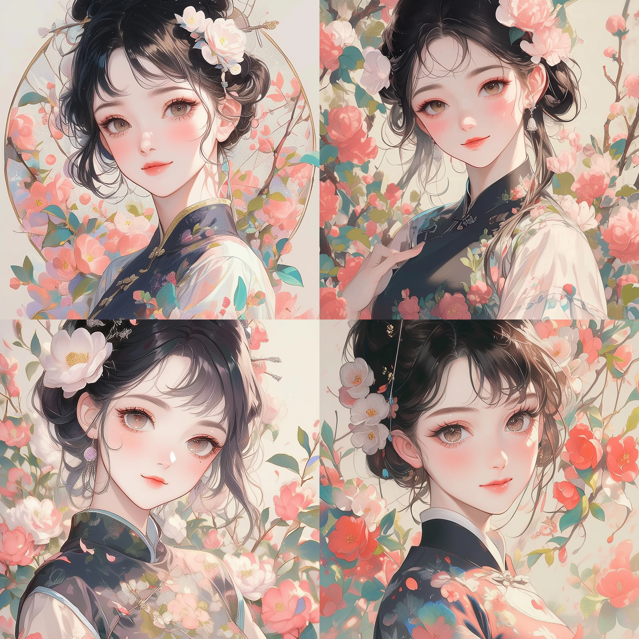 少女穿黑色旗袍，灰黑头发，背景山茶花，微笑融入花海，铅笔画质感，棕眼睛，明亮眼神，白粉色调，半身图，娇柔，唯美，侧光，柔和色彩，淡雅情感。 穆查 动画艺术