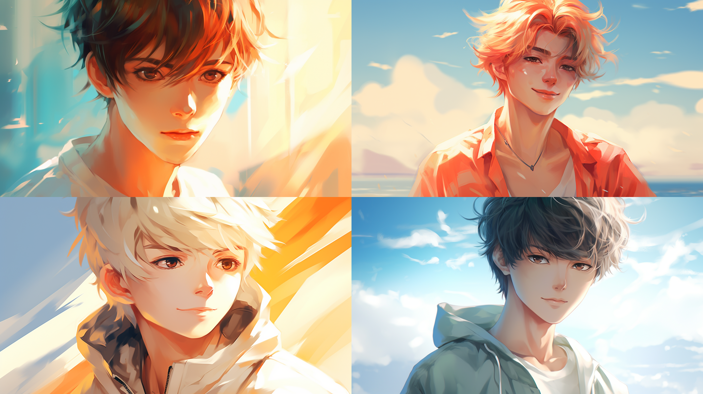 简洁清新，干净风格，优美线条，动漫男生，清爽色调，抽象背景，侧光，镜头模糊，轻松笑容。