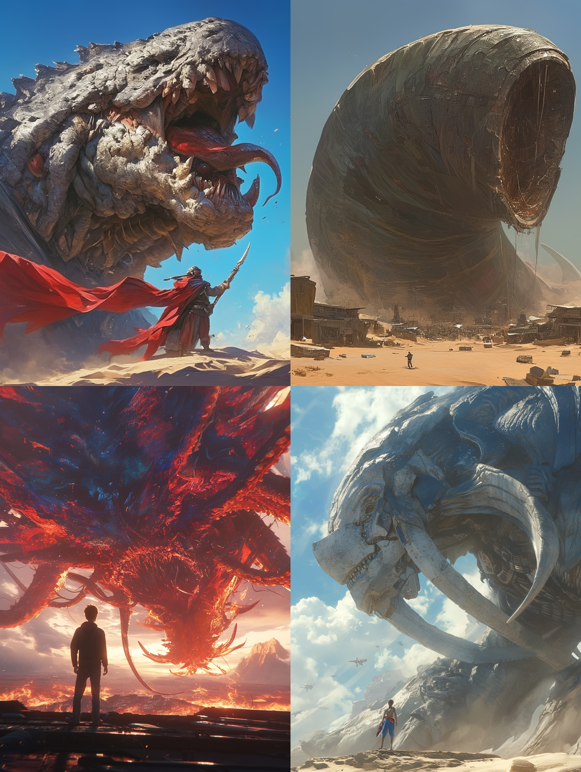 a kid standing on a chinese dragen head ，dragen in the darkdesert, giant screwworms hovering in the black desert sandstorm in dune movie, giant sandwormswant to eat the kid, realistic photography, movieconcept poster, epic fantasy scene