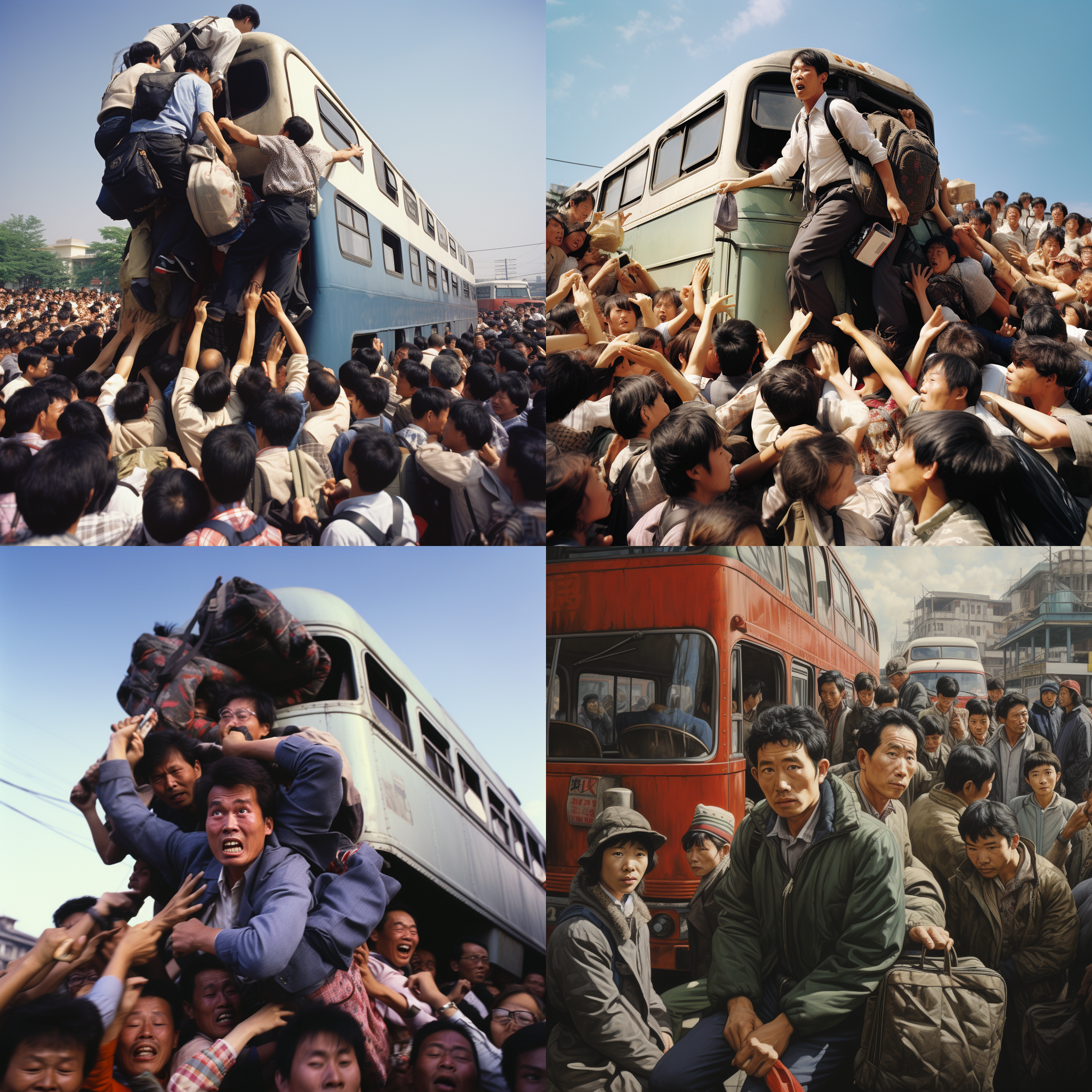 80年代 在中国 ，一个人背着行李，在县城挤大巴车，周围都是人看着