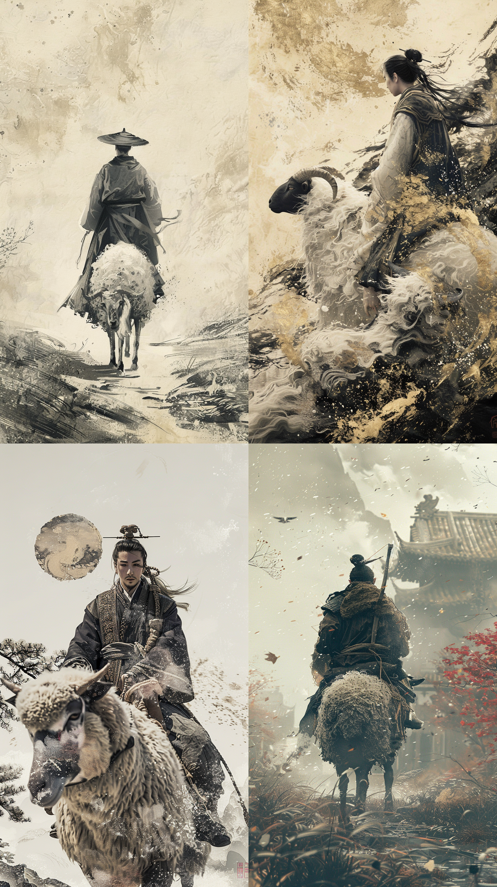 牧童骑羊，一人称视角，汉服装扮，传统水墨风格，黑金调色板，夸张透视，极简风格，8k分辨率，震撼视觉场景，全身展示，牧场环境，纵深感，情绪丰富。