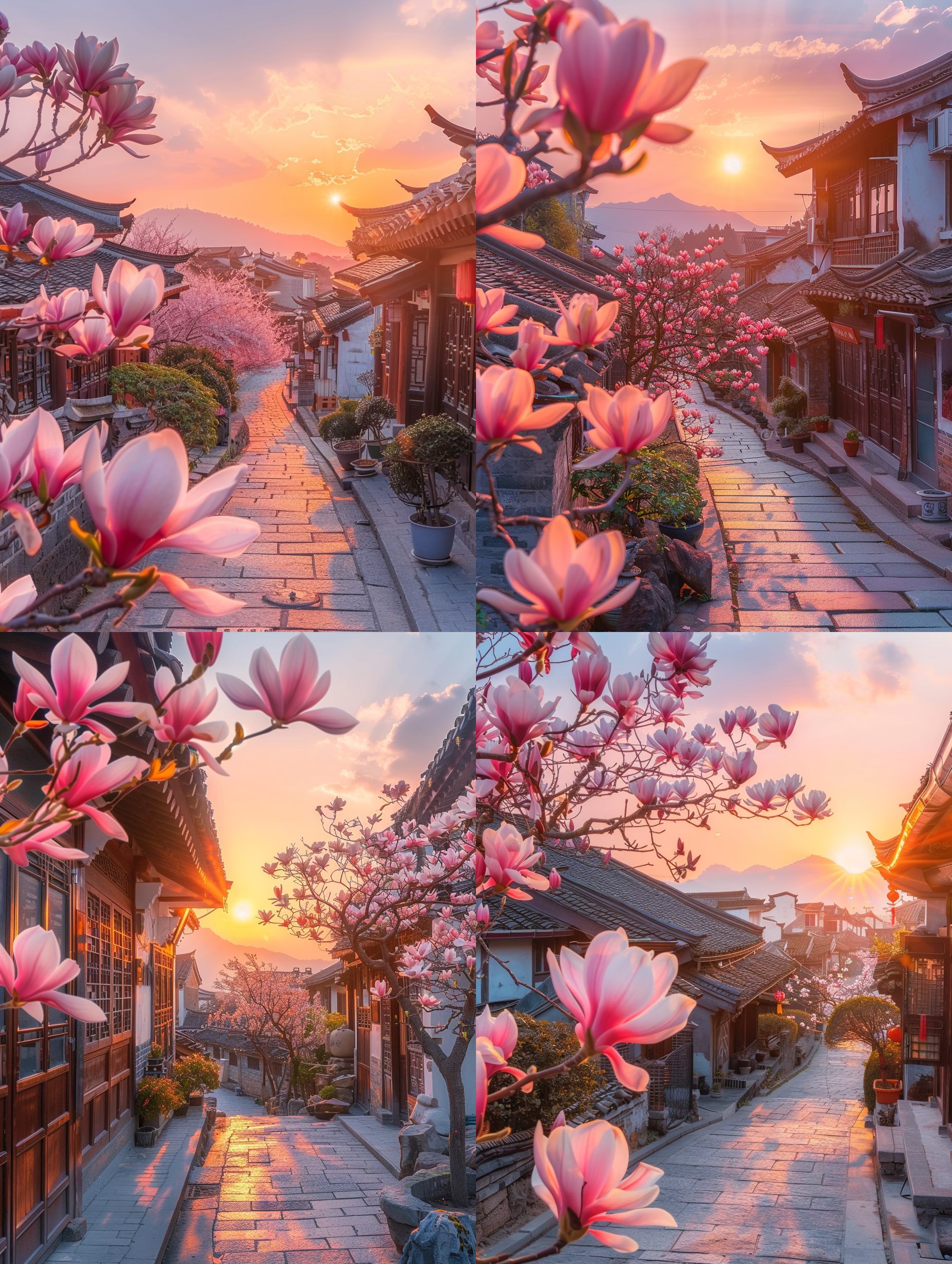 落日余晖映照下的江南老巷，一片壮丽的天空，满树的白玉兰，一棵枯树上挂满白玉兰，青石板路，徽派江南庭院，高清实拍效果，重复拍摄，3:4长宽比，风格化200，真实拍摄效果。