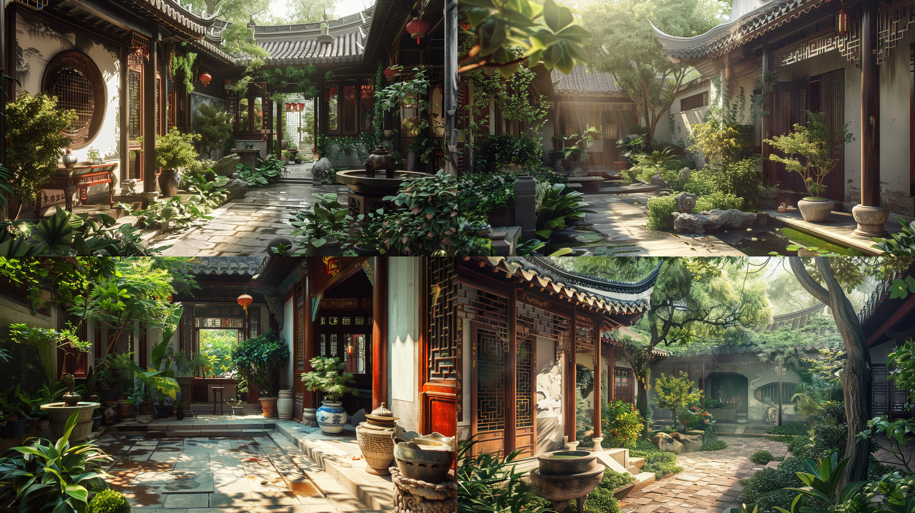 苏轼园林别墅，宏伟建筑，古典风格，庭院内，绿树成荫，细节丰富，阳光斜射，静谧氛围，优雅装饰，传统服饰，微笑，宁静，复古色调。