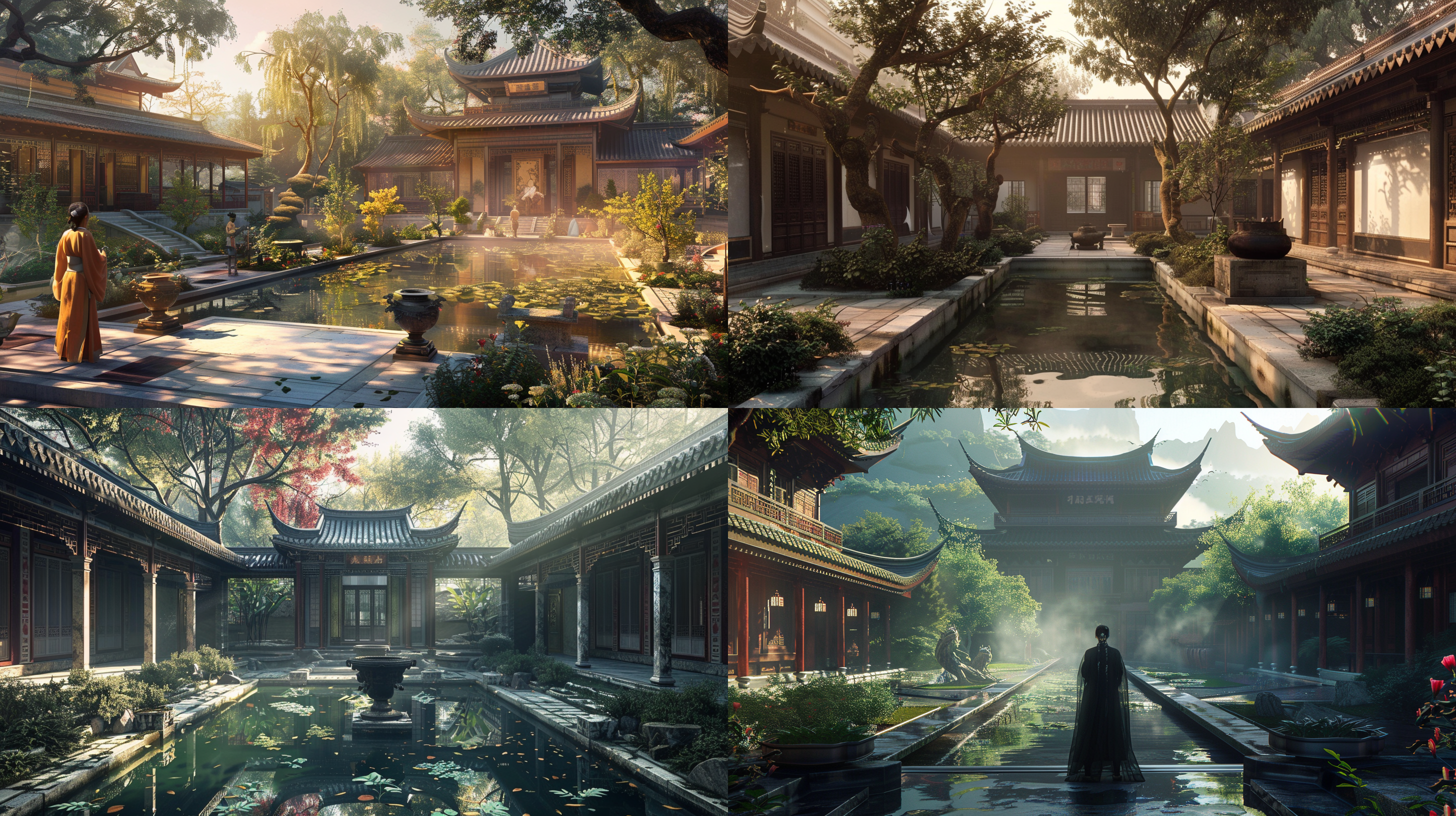 苏轼园林别墅，古典建筑，优美庭院，水池倒影，晨曦阳光，古风服饰，沉稳表情，古典色调，宽幅镜头，静态构图，文化气息，宁静祥和。