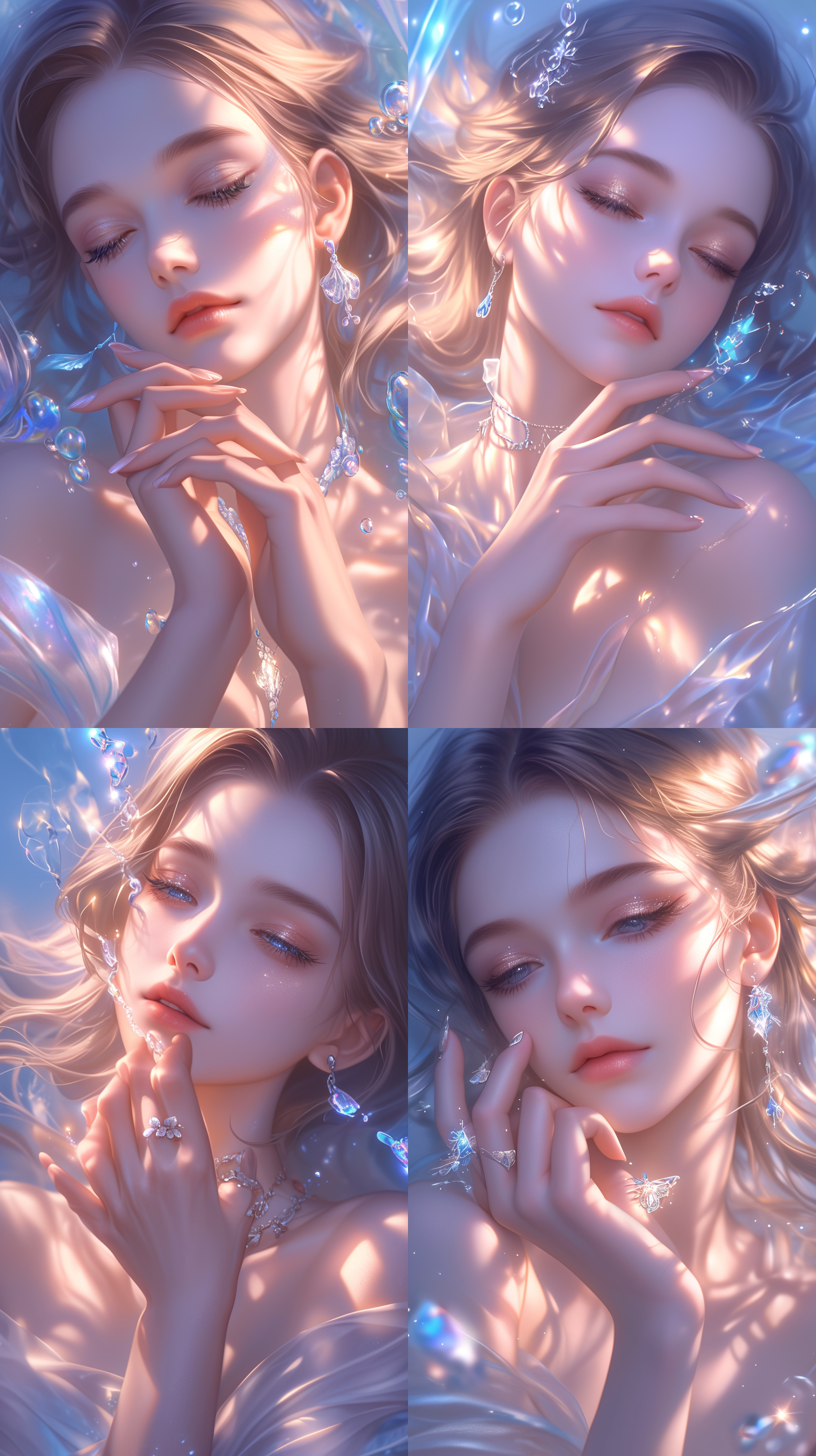 美艳女子，星空下，微风，长焦镜头，侧光，蓝色调，孤独，沉思，忧郁。