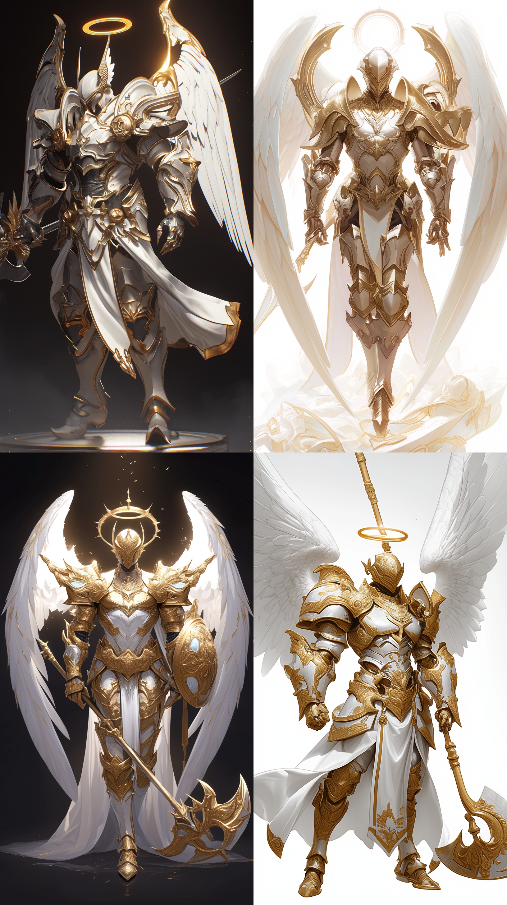 男性角色，身材苗条，身穿金白色全身铠甲::3，全罩头盔::2，光环，两对白色羽翼，手持白金色巨斧和盾牌::2，站姿，角色设计风格，全身，英姿飒爽，4k，高渲染，超级细节 玫瑰金 金属质感 重点照明