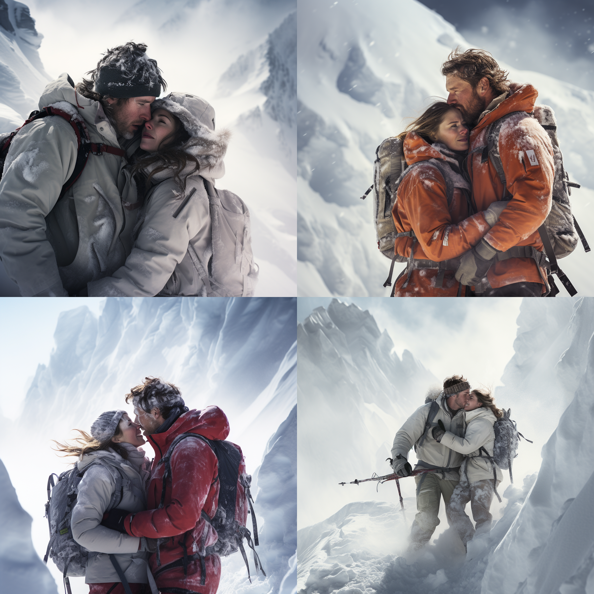 夫妻雪山滑雪，雪崩中，迎面而来，紧张拥抱，冰雪环境，白色主调，长焦镜头，动作凝固，情感激烈，危险氛围。