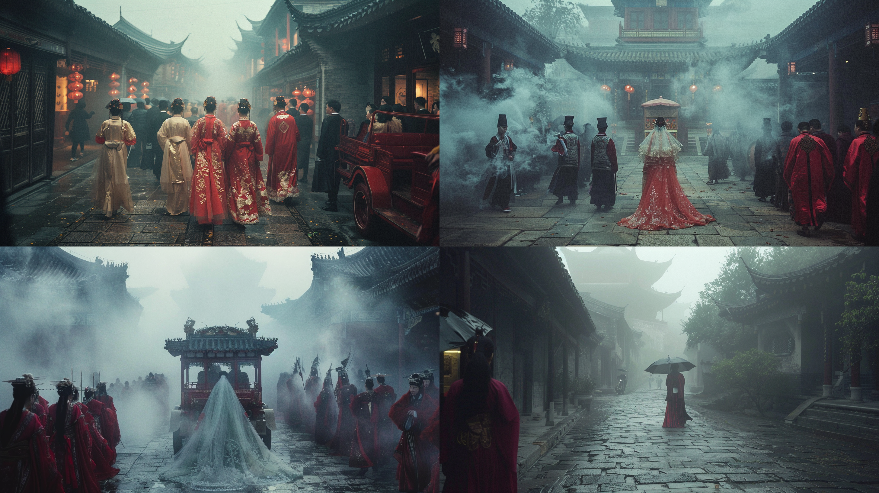 浓雾缭绕，明朝风格，送亲队伍，青石板路，传统服饰，唢呐，芦笙，大红色花轿，神秘，诡异，雾氛，朦胧，阴暗，沉闷色调，神秘感。