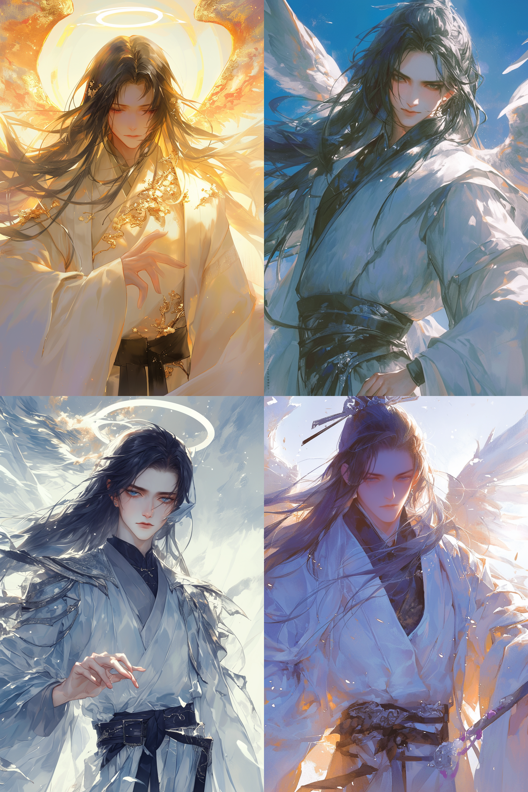immortal,chinese boy，long hair,halo,handsome, mystical,light covered cloth, chinese cloth，chinese ink painting，fantasy illustration, anime aesthetic,dreamlike charming characters, waist,