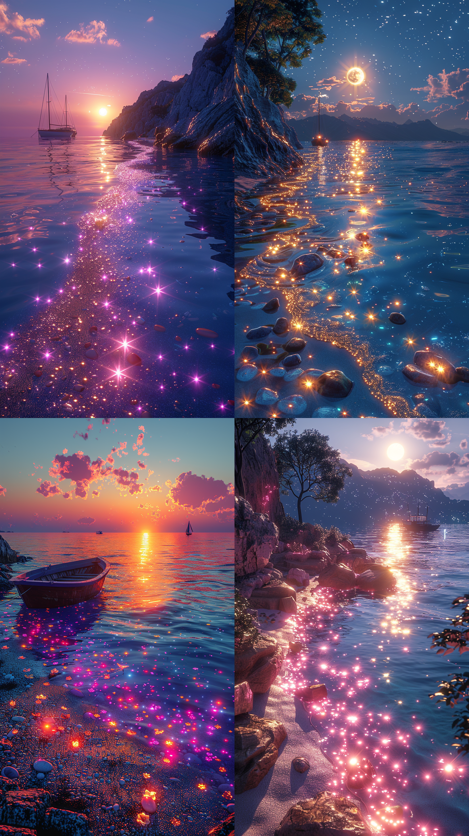 pale blue beach covered with colorful glowing stones, a boat in the distance, fluorescent ocean, moonlight, and sparkling stars,, 3d, super wide view, aerial view, moonlight on a sea of twinkling stars, reflections, cg social topics, volumetric light, space art, bioluminescence, unreal engine 5, the magic of lights, presented in unreality engine, super wide view, top view view (s), superwide angle, 8k