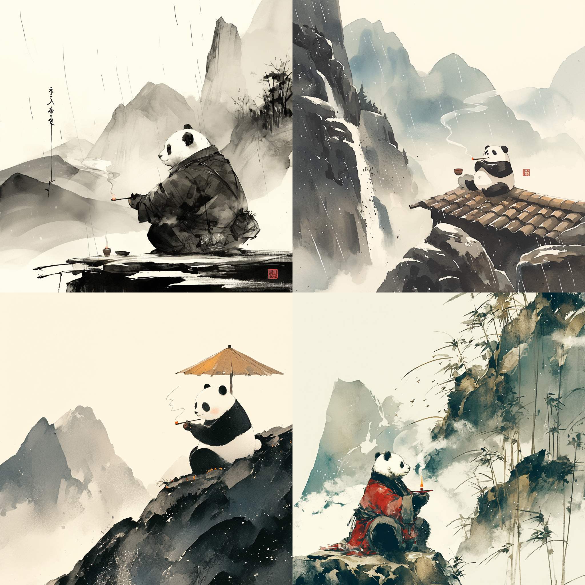 熊猫烧香，水墨风格，东方山水画，山间薄雾，细雨，自然光，静态，闭目冥想，内省，平静，宁静。