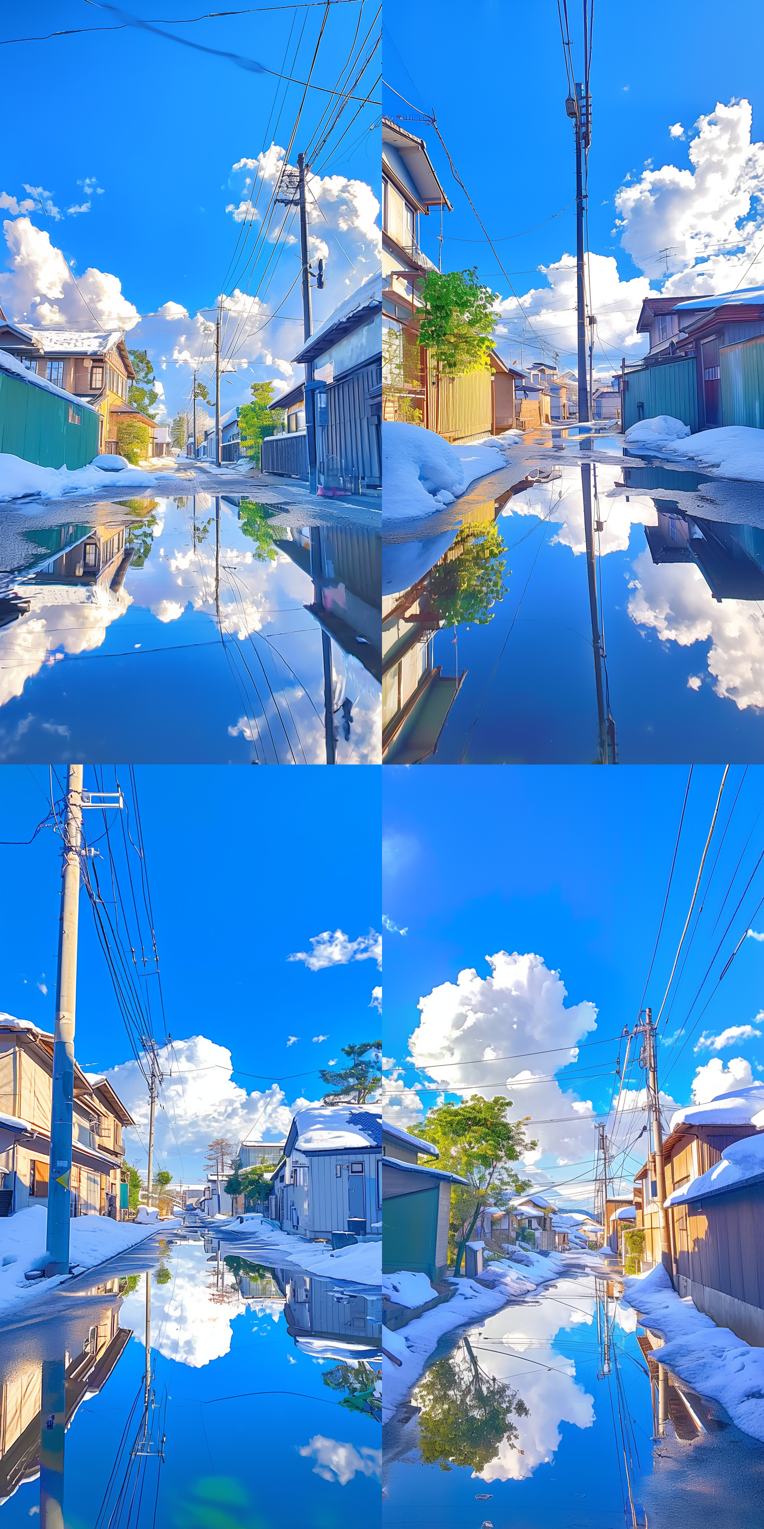 晴朗的天空，干净的路面像镜子一样，倒映出房屋，与图片一致