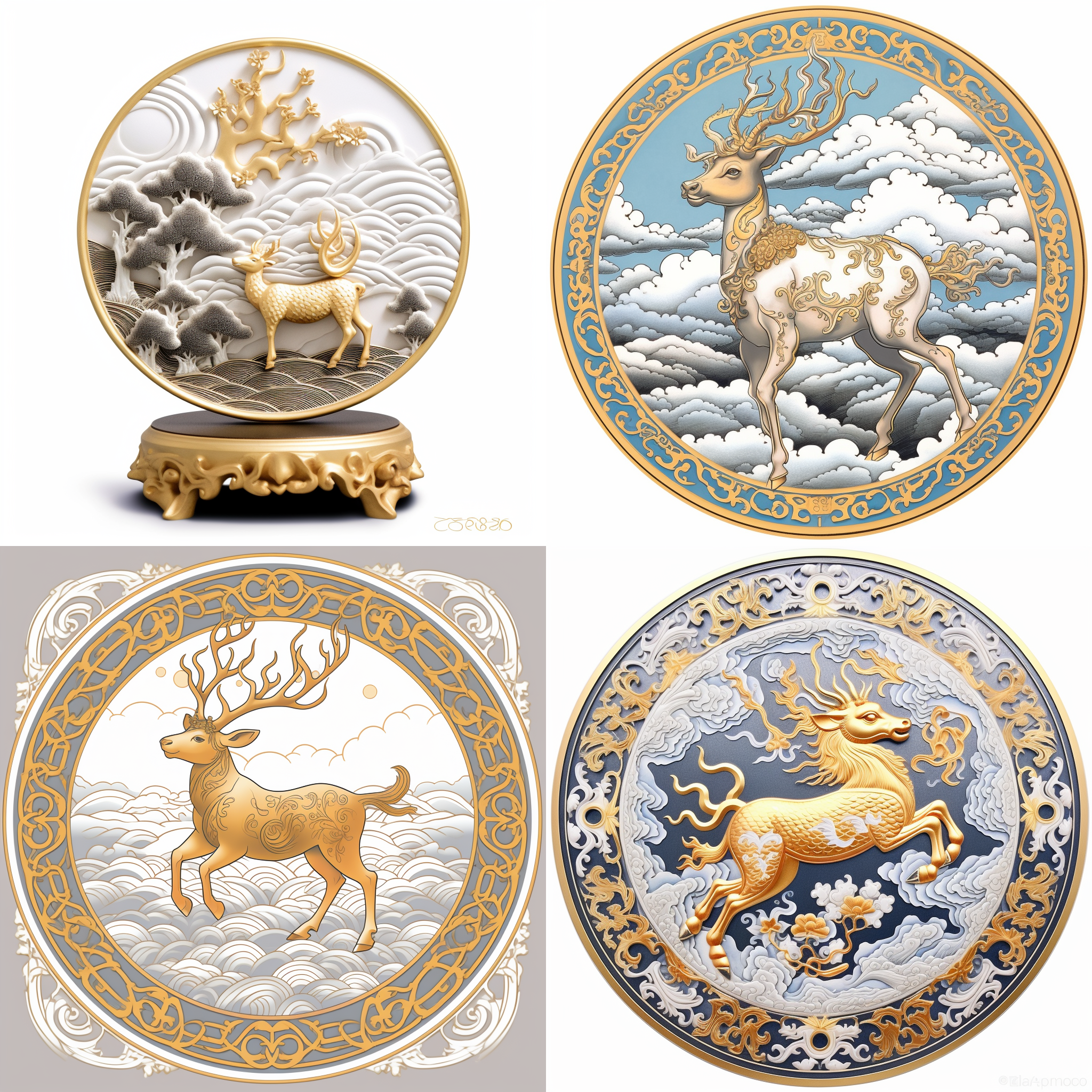 鹿站在祥云上，细节丰富，白底，金色描边，中国传统圆形风格，优雅。单线图, 祥云，金色，优雅，细节丰富，白底，圆形风格。 单线图