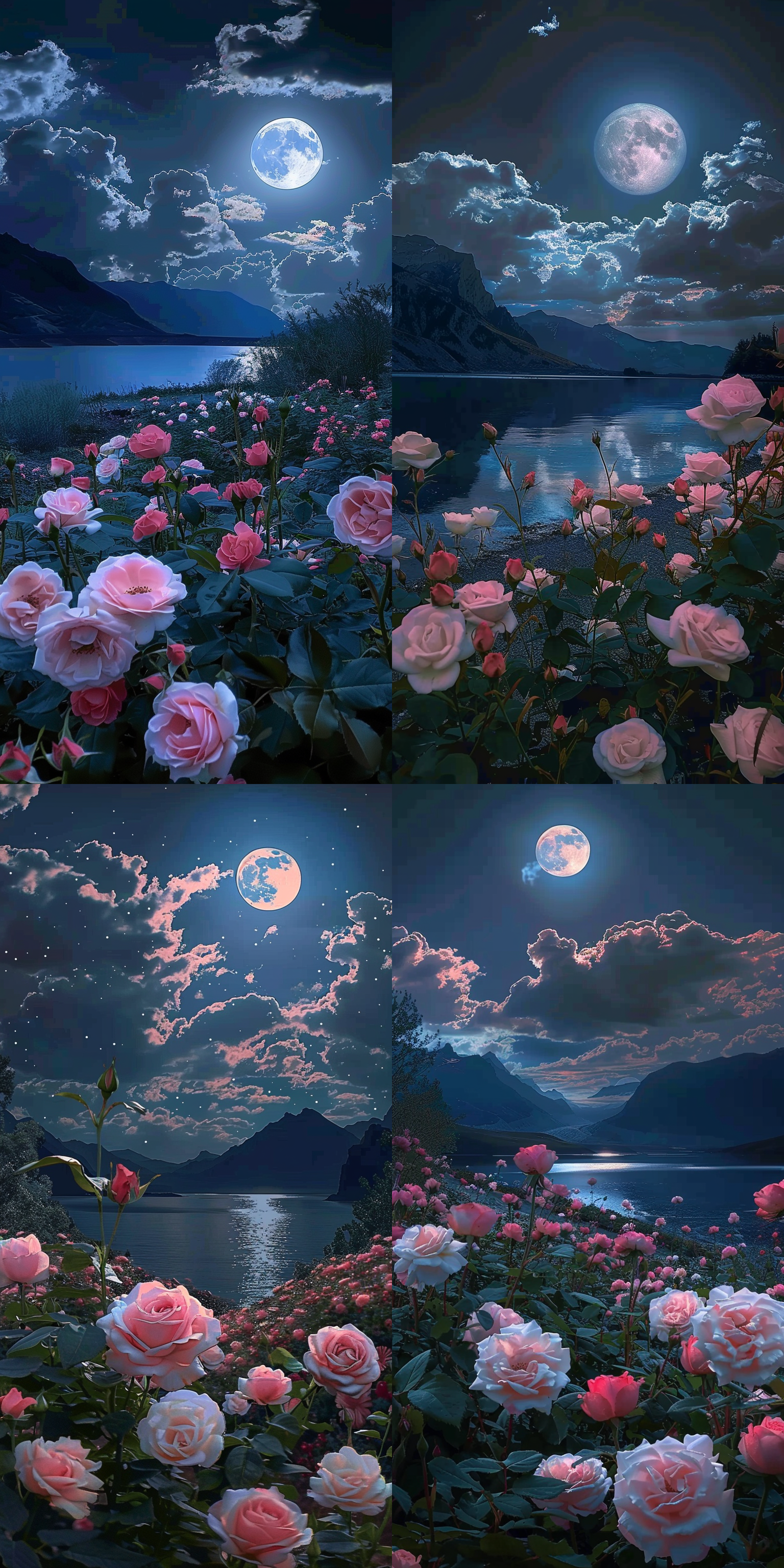 玫瑰花田，远处是湖泊，山峰，夜晚时刻，圆的月亮，与图片一致