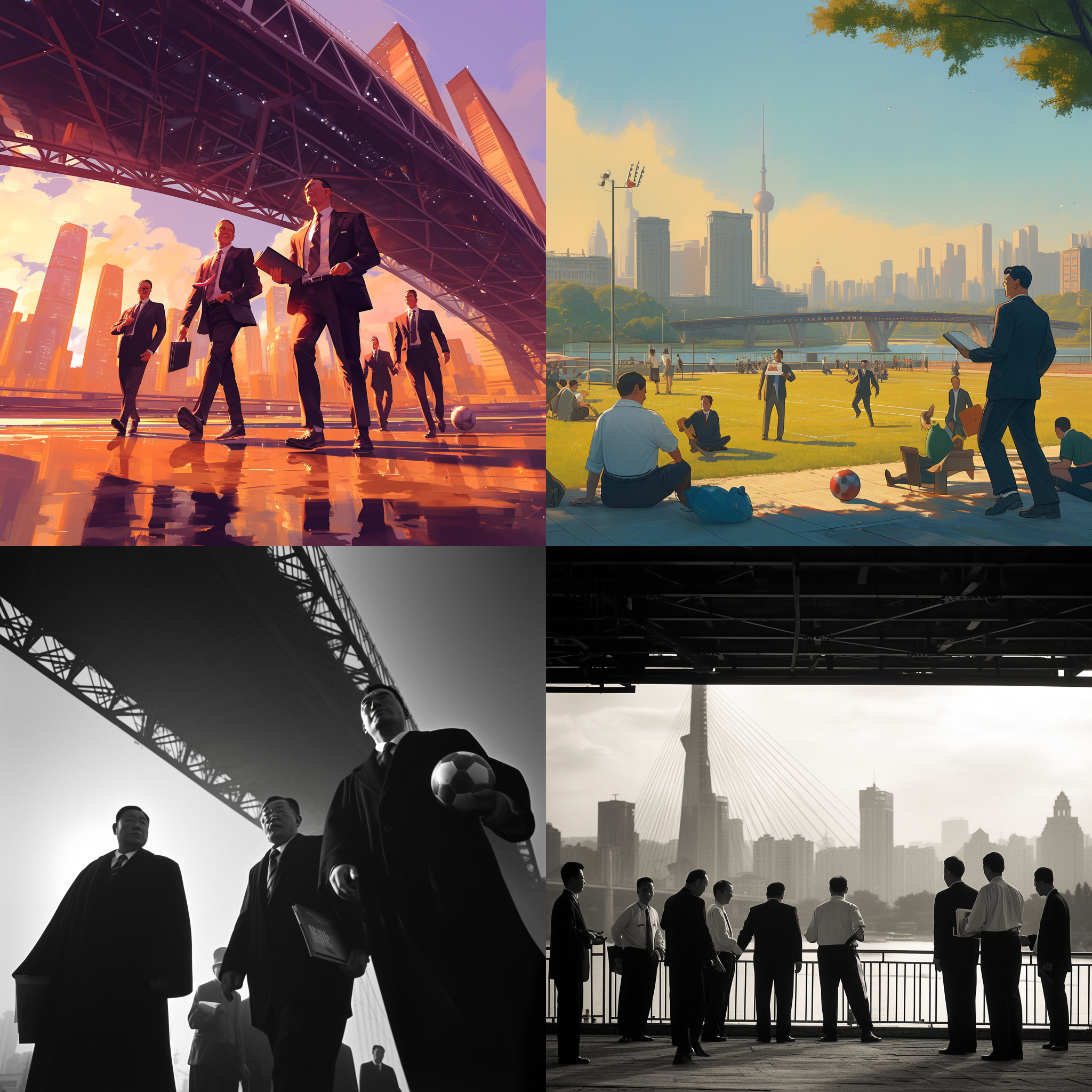 中国律师在足球比赛中，黄鹤楼与武汉长江大桥作为背景，友谊和拼搏氛围浓厚，律师着正装，持法律书册，面带微笑。高对比度，广角镜头，暖色调，环境光，展示足球场上的公平公正。