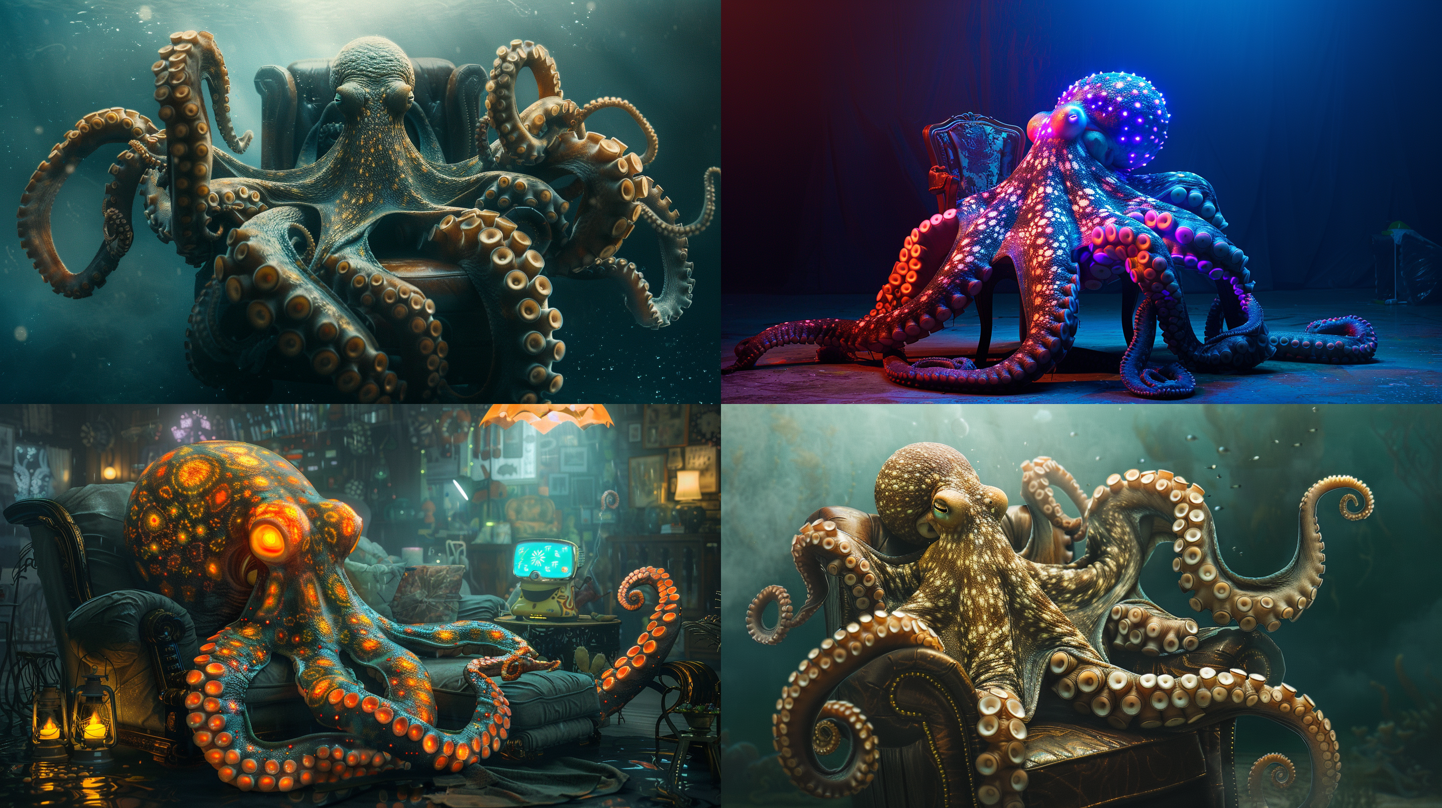 大海里一只巨大的章鱼，章鱼身上发着光坐在椅子上打游戏，拟人化，广角镜头，奇妙的光线