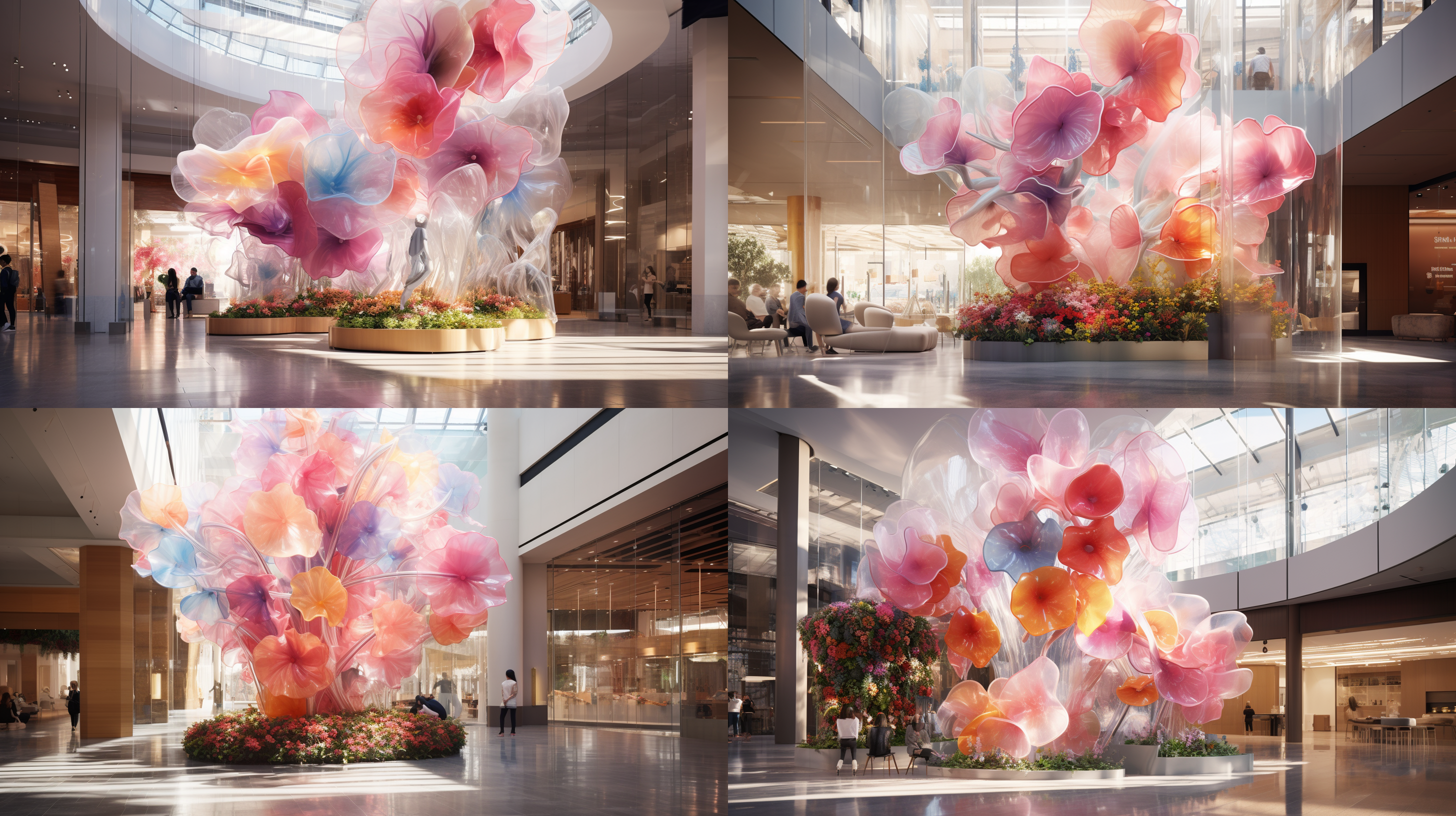 现代商场中庭，大型花卉装置，毛绒宠物雕塑，30平米空间，6米高，座椅休息区，时尚艺术风格，互动体验，现代设计，明亮色彩，抽象形状，放松情绪。
