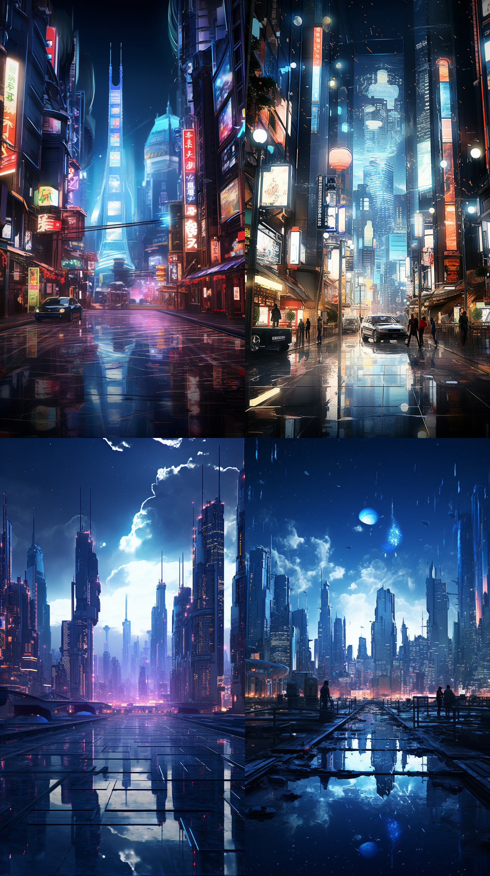 未来主义城市由水晶构成，反射宇宙光辉。夜幕降临，城市闪烁，犹如ff7重制版、《赛博朋克2077》与涩谷交织。清晰倒影、超自然、暗黑、阴郁，人物造型多样，涵盖许多风格。技术关键词：超现实，超细节，景深。