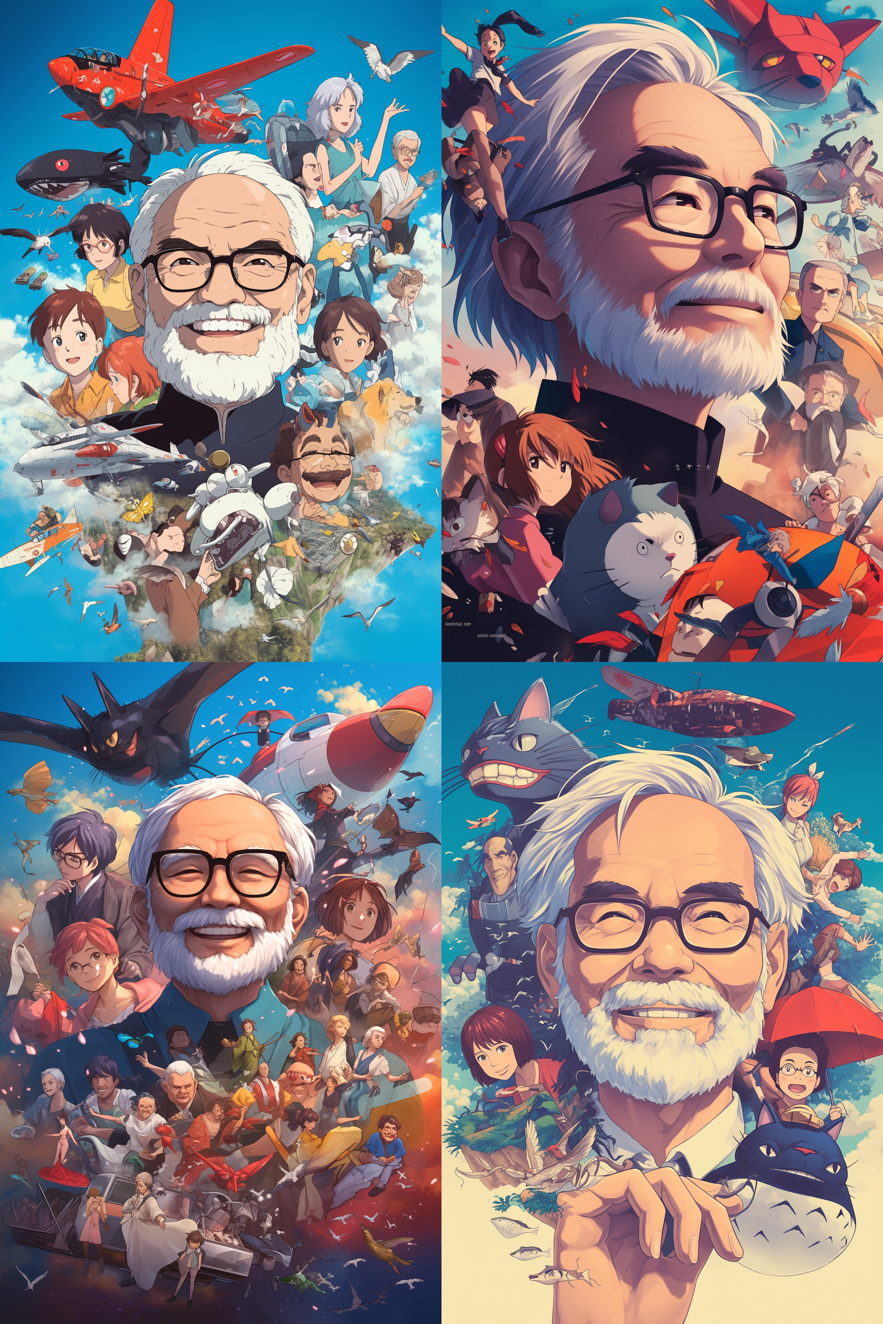 宫崎骏，大头照，周围是他的作品人物。