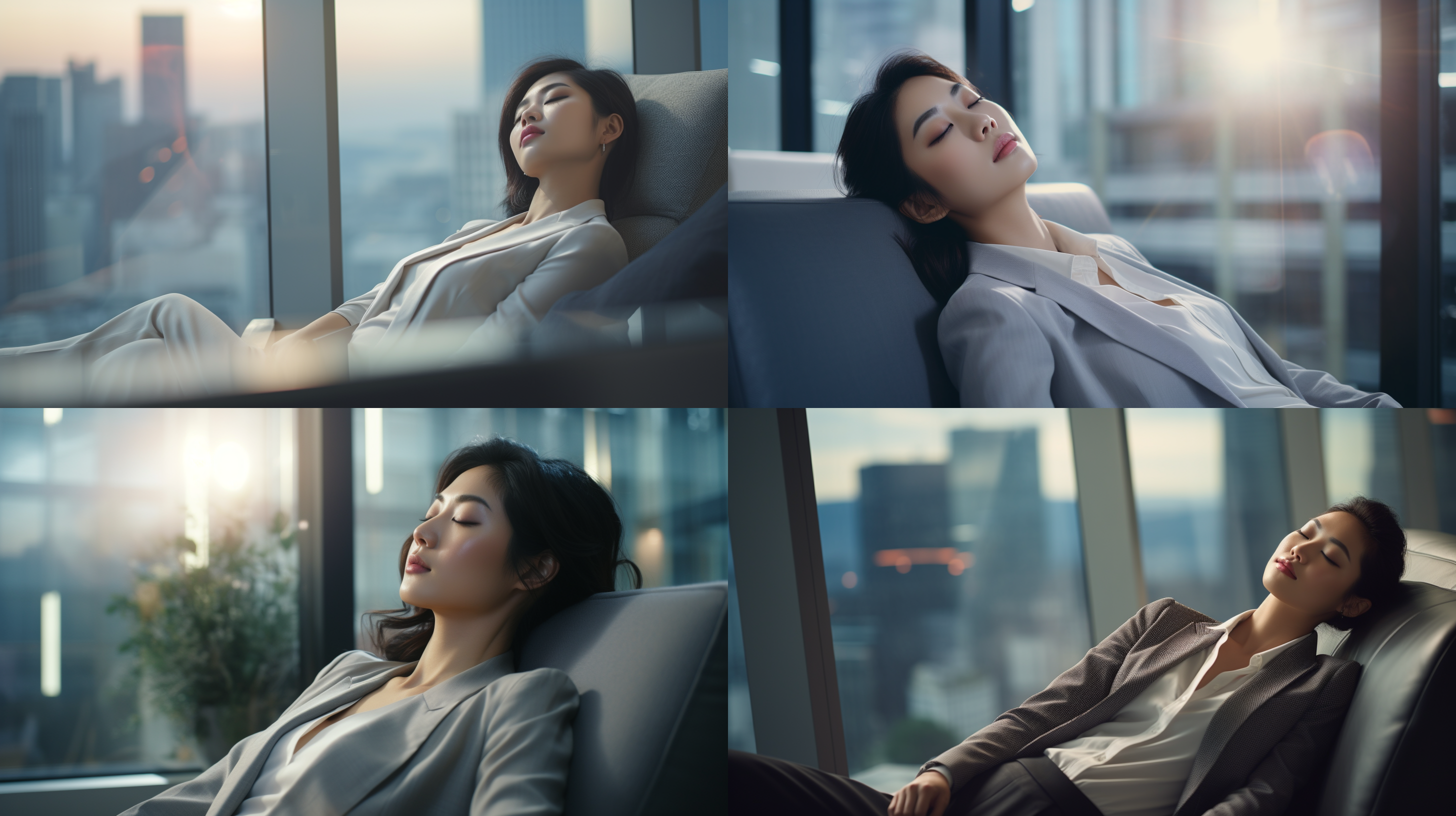 亚洲女性白领睡觉，写字楼内，高大落地窗，现代风格，侧光，柔和色调，中焦镜头，休息，安详。