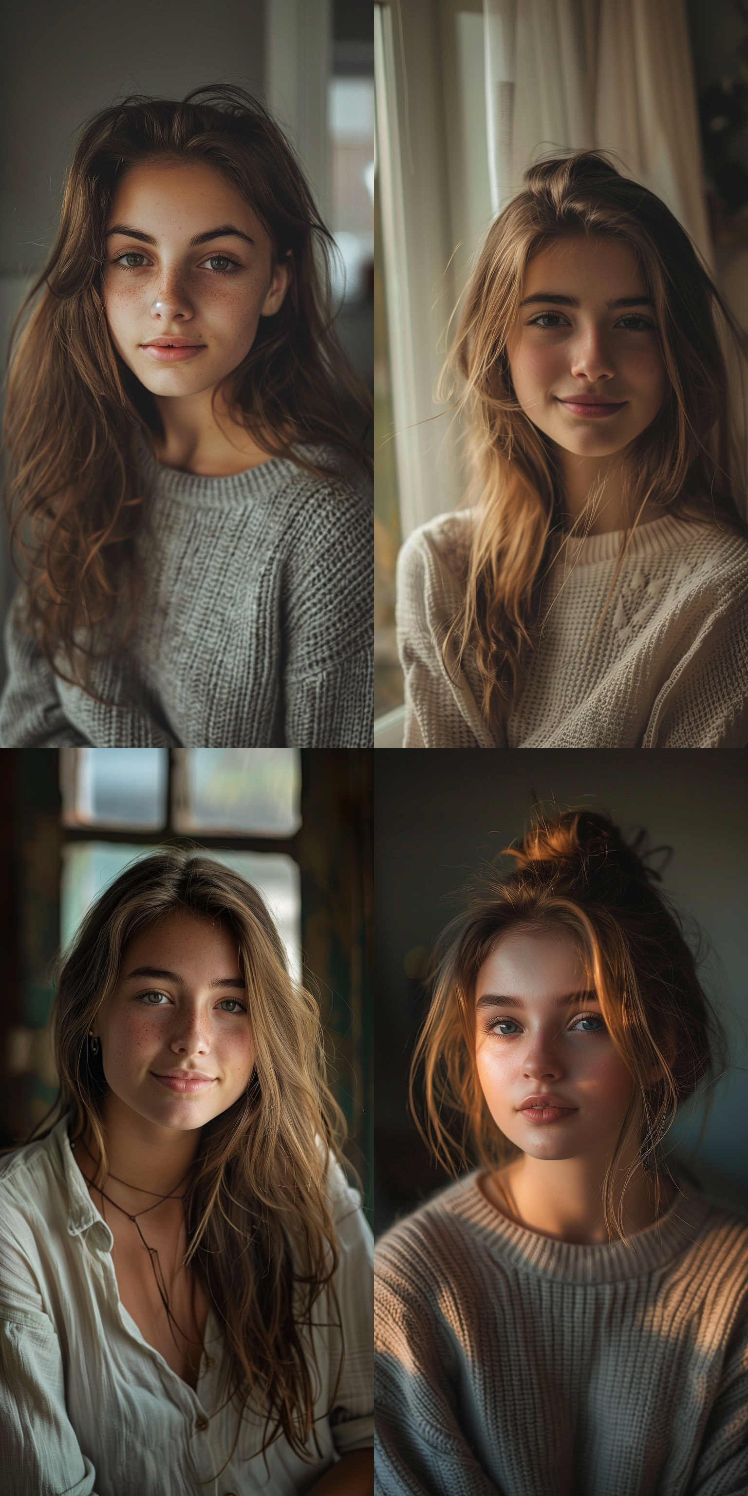 女生，面对镜头，中央构图，室内，肖像摄影，长焦镜头，微笑。