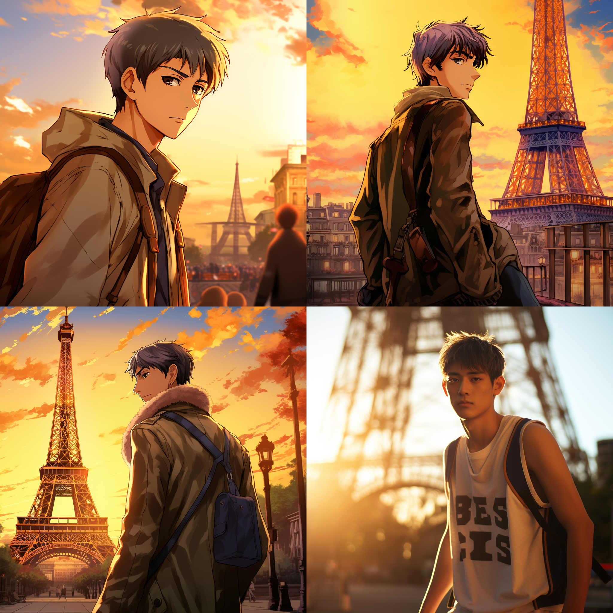 黑子哲也站在埃菲尔铁塔下，背对镜头，手插兜，微微低头，眼神坚定。巴黎街景，傍晚金黄余晖，色彩鲜艳，复古日漫风格。后期滤镜，长焦镜头，柔和侧光，静态。