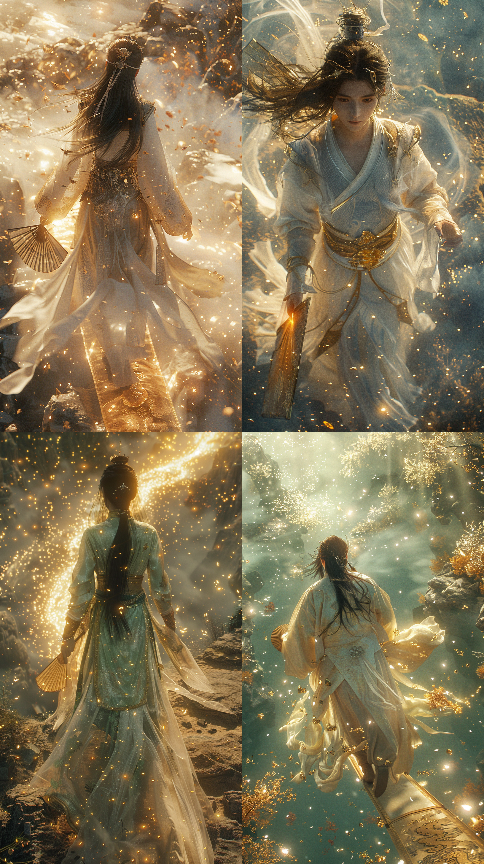 古代男孩走在卷轴上, 扇子, 柔软汉服, 长发飘扬, 3d渲染, 金色翡翠渐变, 俯视, 明亮梦幻, 星空, 历史画, 虚幻引擎5渲染, 高清画质, 高分辨率, 8k画质。