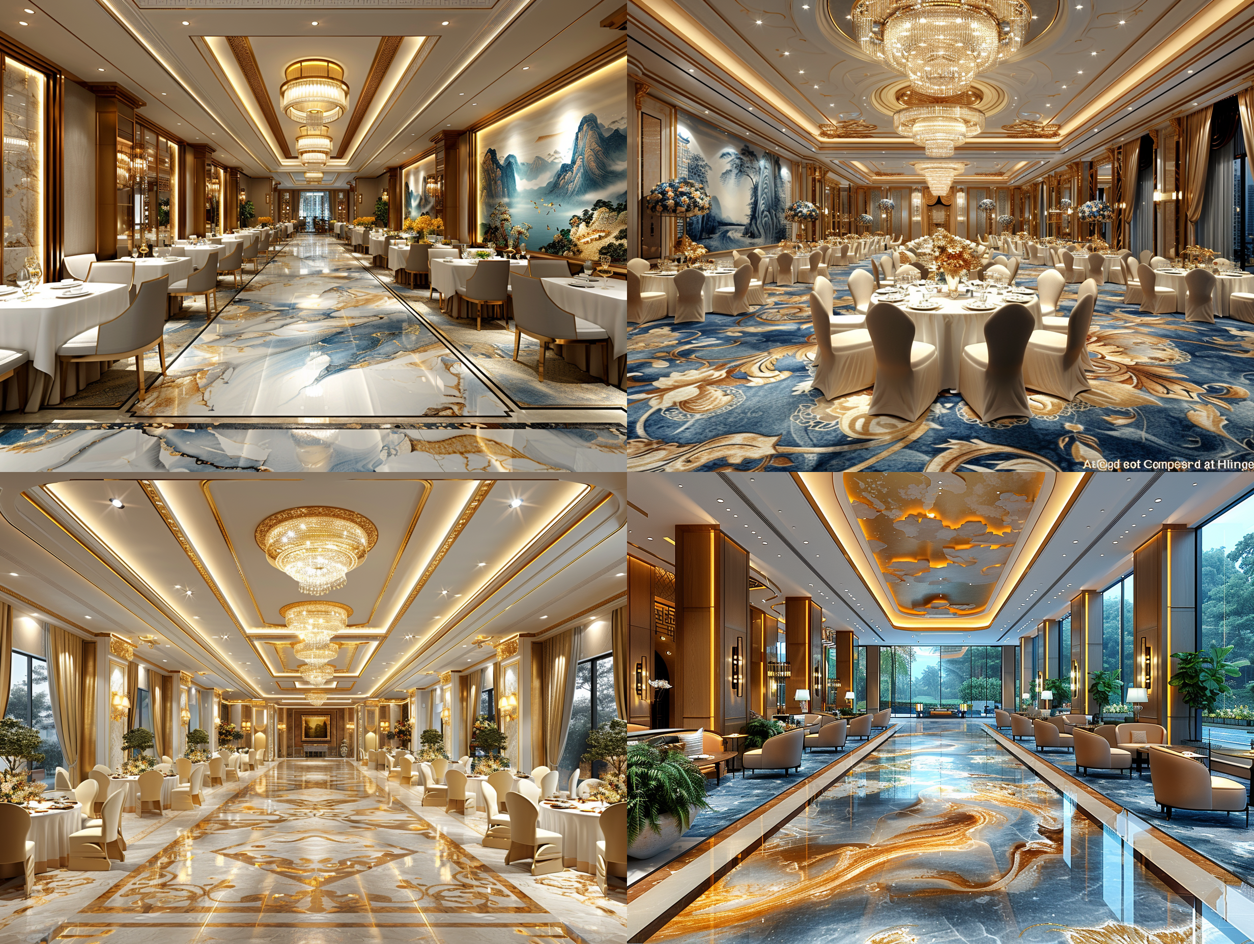 酒店宴会厅，五星级酒店，精致自然、度假放松、温馨舒适，有新意，高级感，简洁、大气，8k，细节，现代，浅色为主，地面地毯，大空间，很多桌子，餐厅，几百人座位