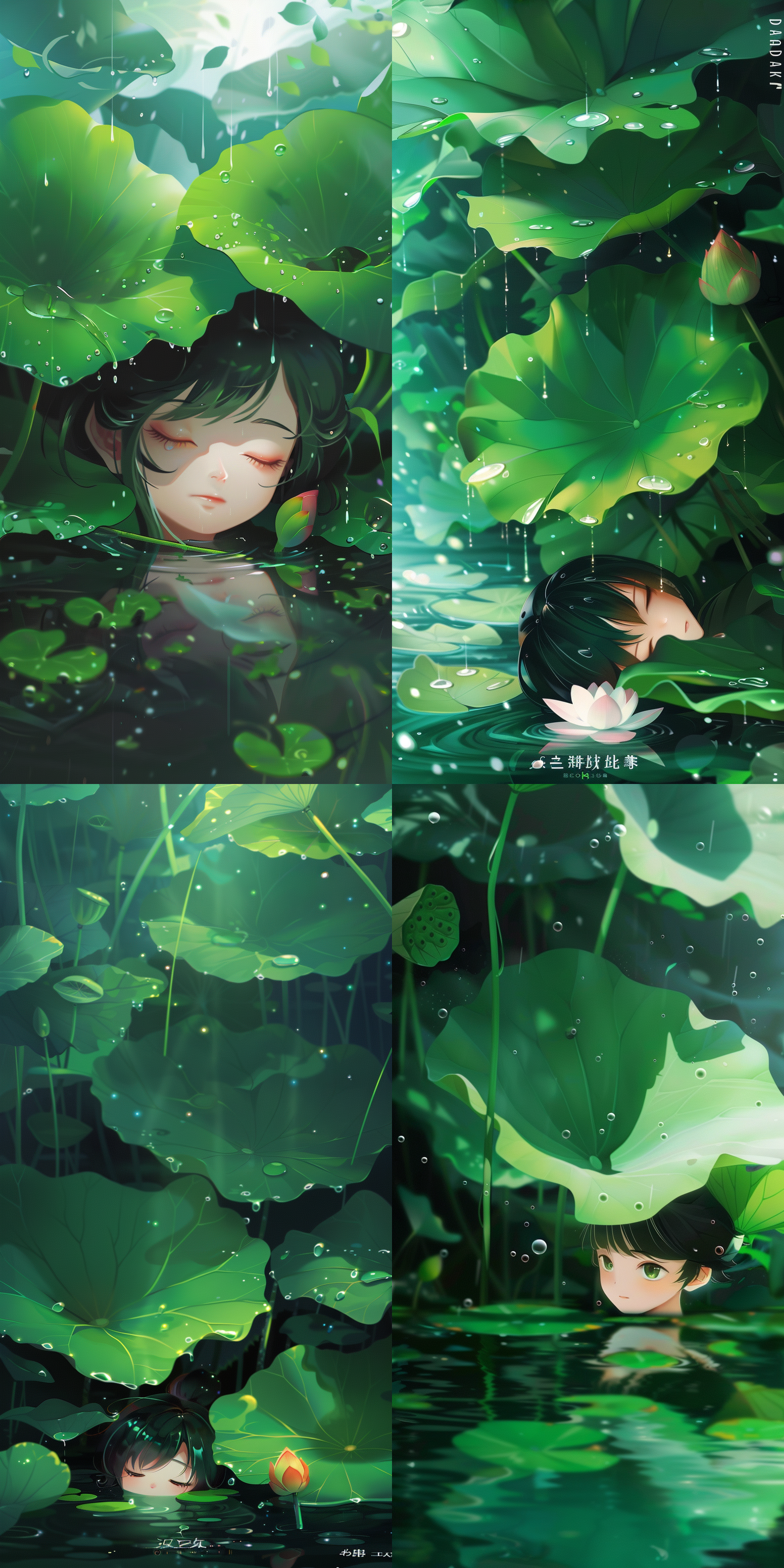 荷叶下雨，池塘边，细雨纷飞，荷花含苞待放，雨滴洒落，阴影交错，光感柔和，插画风格，丰富细节，脸部特写，近景倾斜，水面涟漪，梦幻色彩，安静祥和。