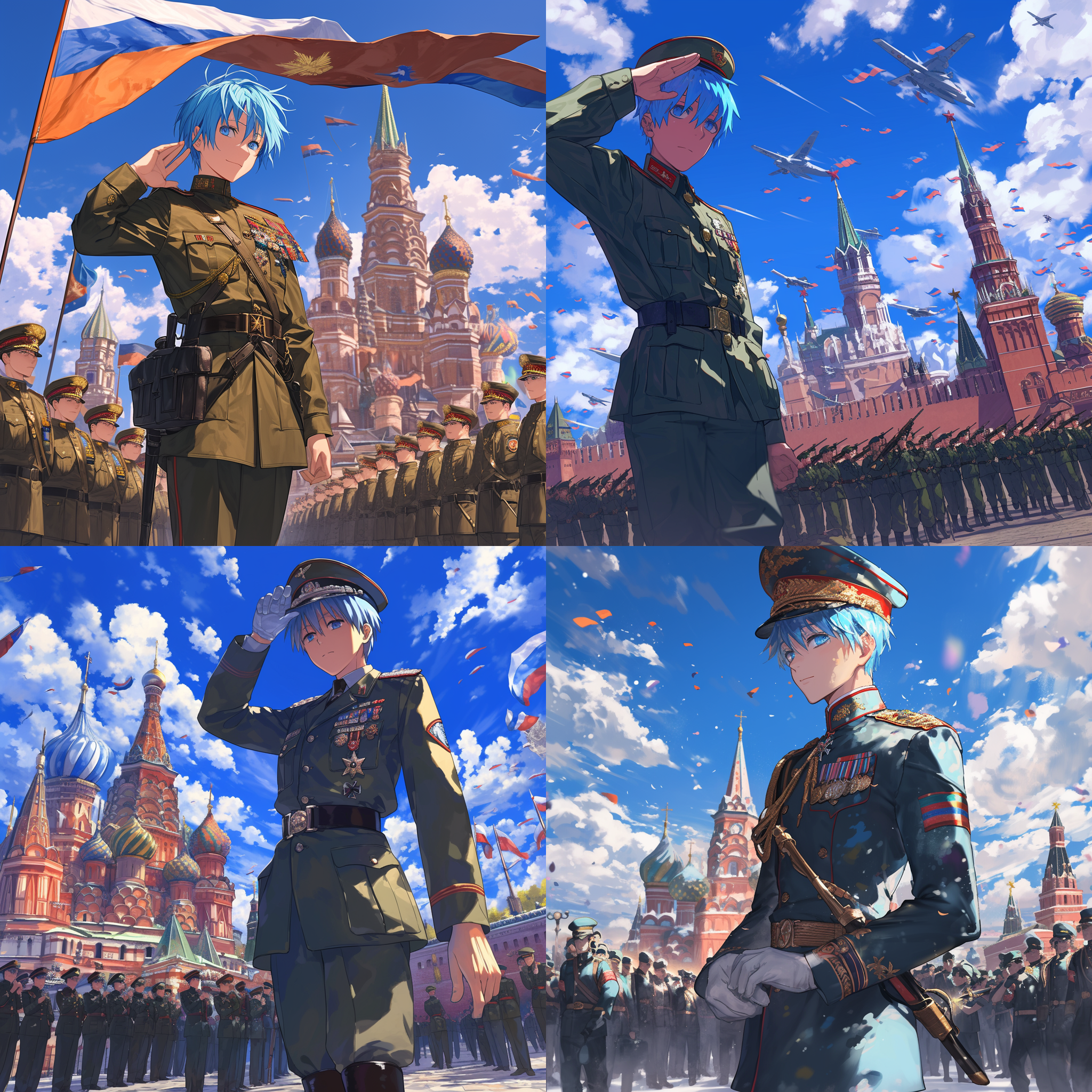 kuroko tetsuya穿上军装，在莫斯科红场阅兵，画风要忠于原版tv动漫的风格。