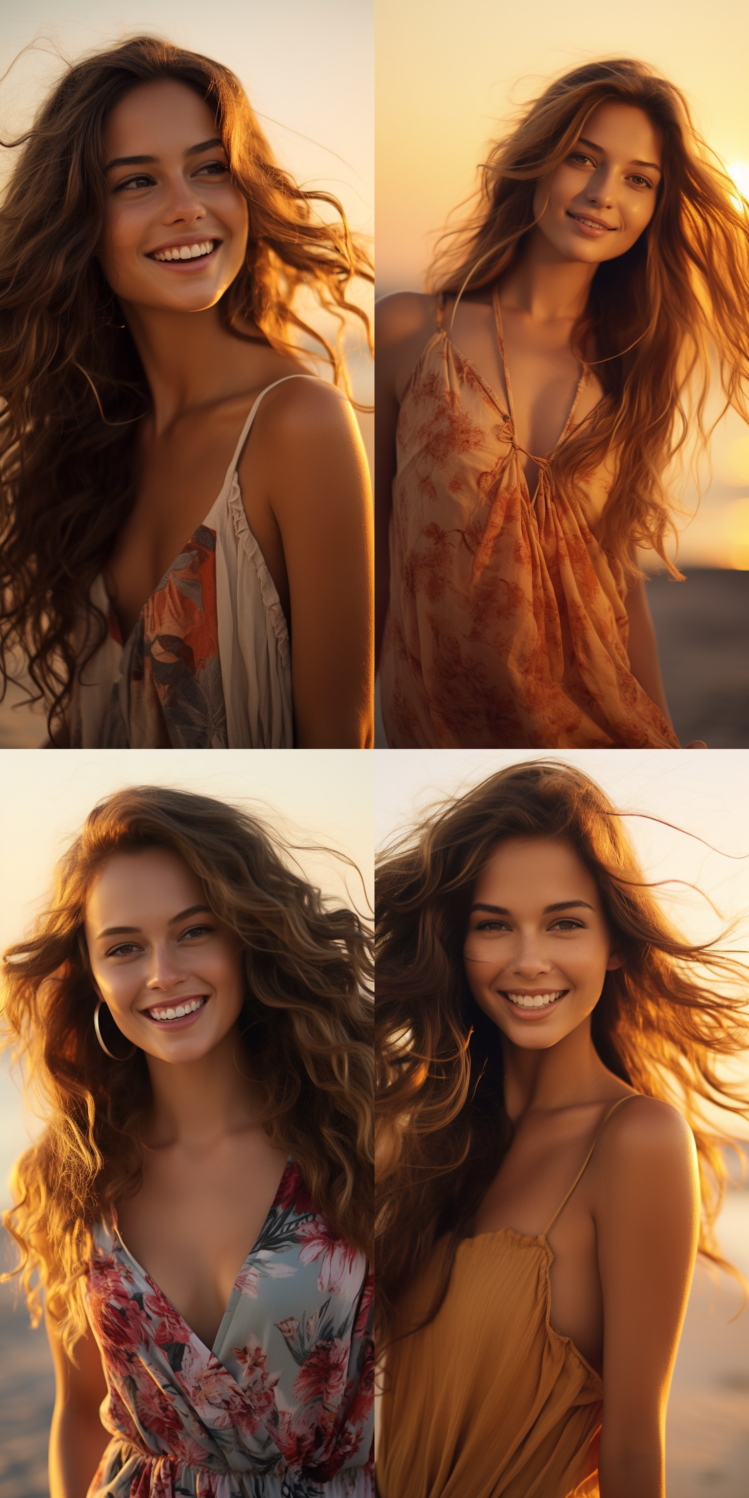 美丽女孩，沙滩上，夕阳下，长发飘逸，穿着连衣裙，微笑，柔和光线，温暖色调，近景，肖像模式，自然风格，轻松愉悦。