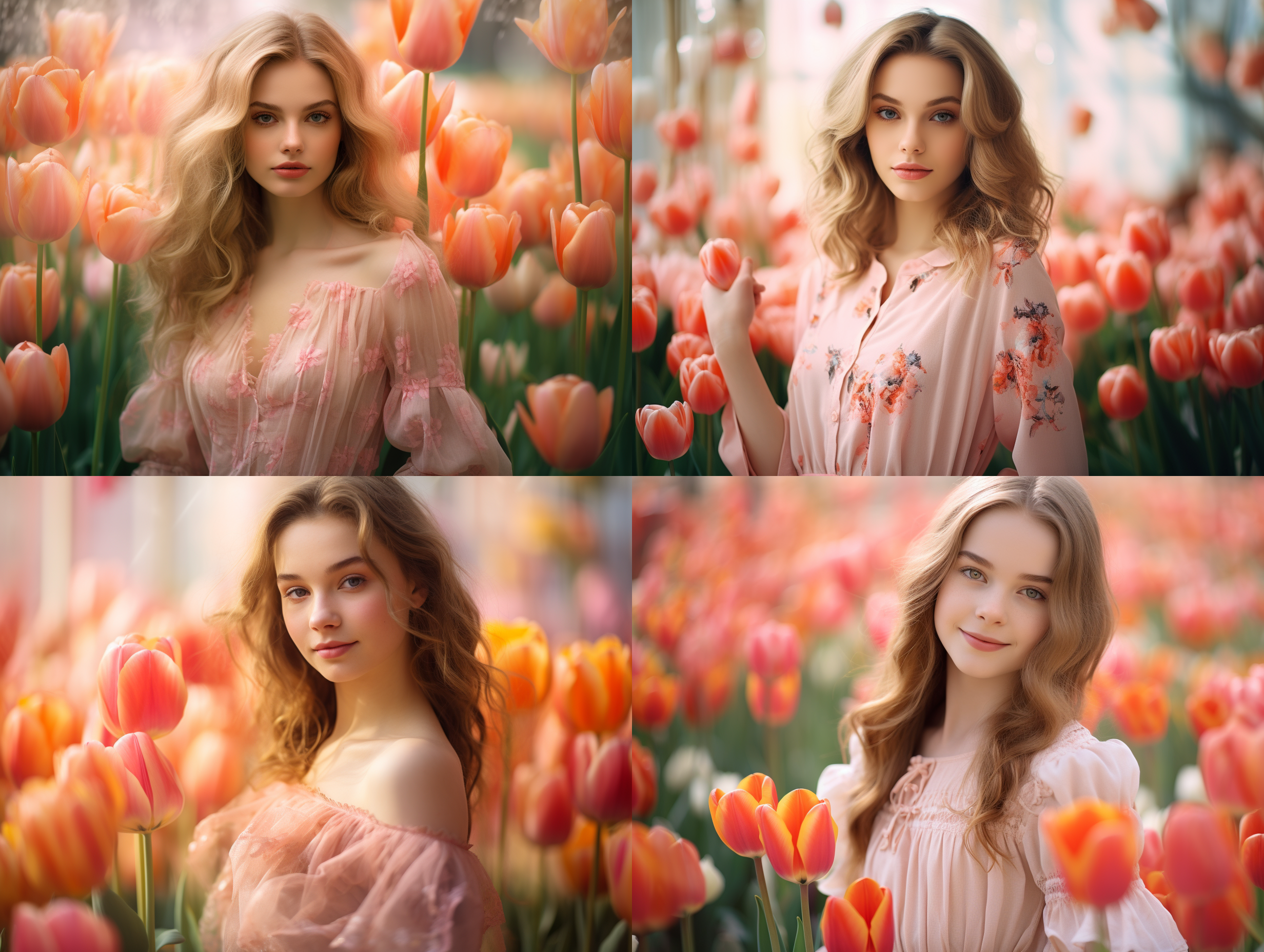 女孩闻鲜花, 郁金香背景, 明亮环境, 柔和光线, 中焦镜头, 清晰焦点, 自然肖像, 花朵细节, 柔和色彩, 幸福情绪。