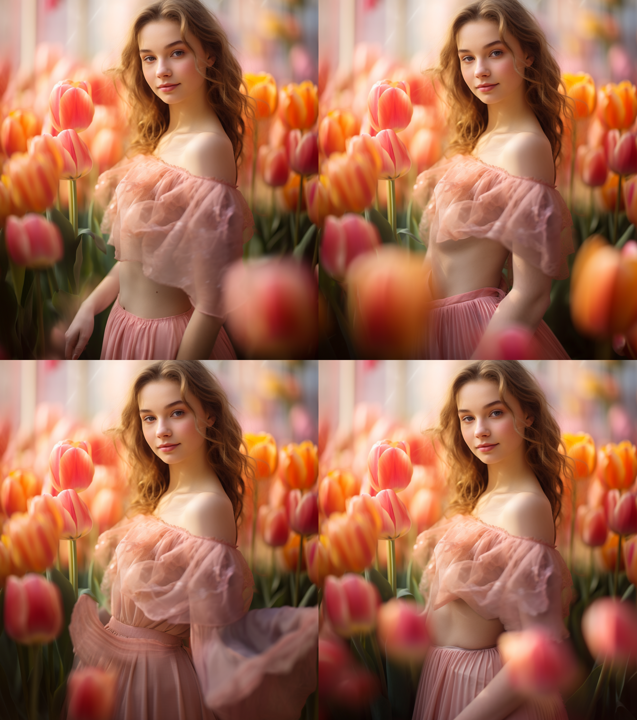 女孩闻鲜花, 郁金香背景, 明亮环境, 柔和光线, 中焦镜头, 清晰焦点, 自然肖像, 花朵细节, 柔和色彩, 幸福情绪。