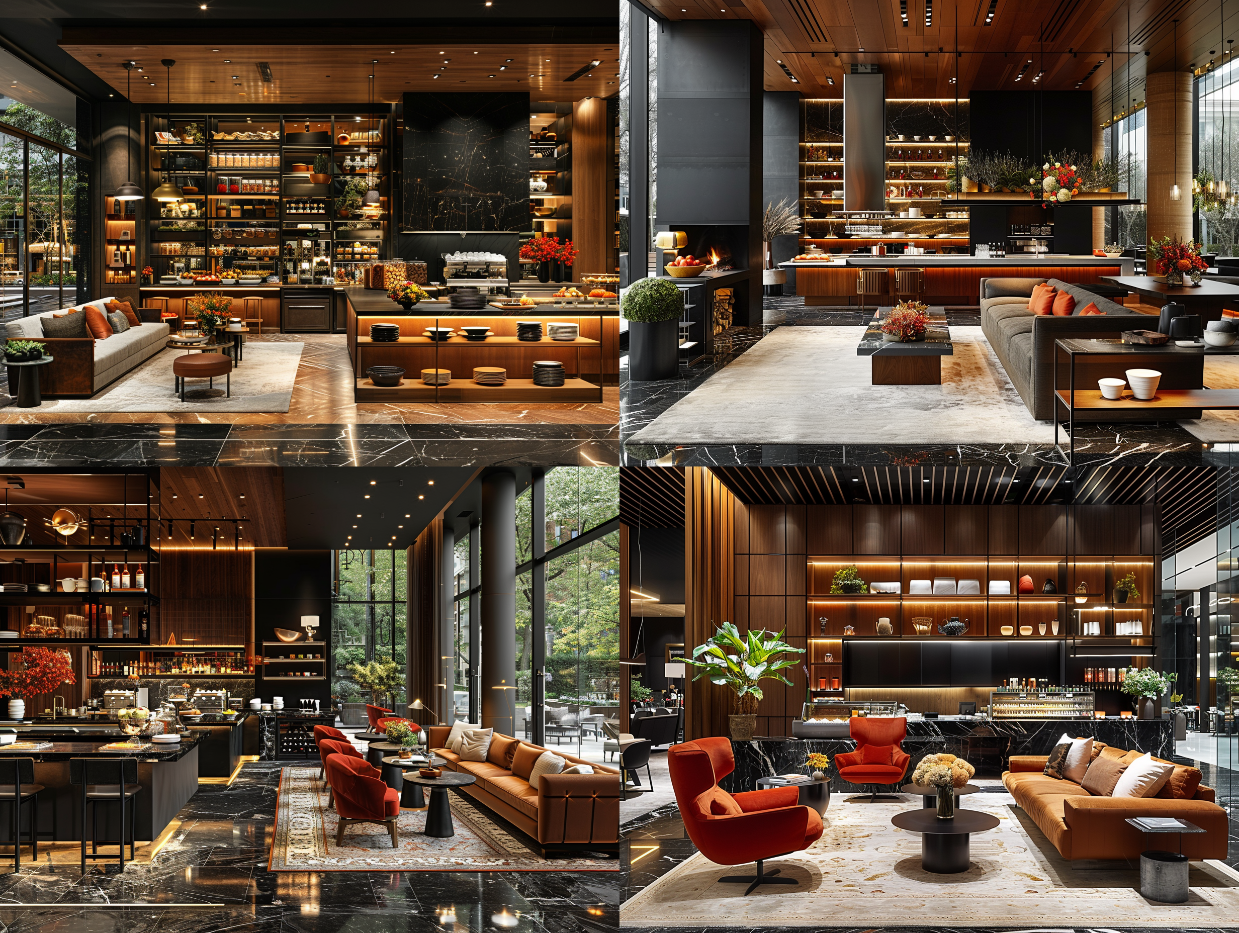 酒店全日制餐厅，五星级酒店，精致自然、度假放松、温馨舒适，有新意，高级感，简洁、大气，8k，细节，现代，墙，顶面深色木饰面，地面黑色大理石