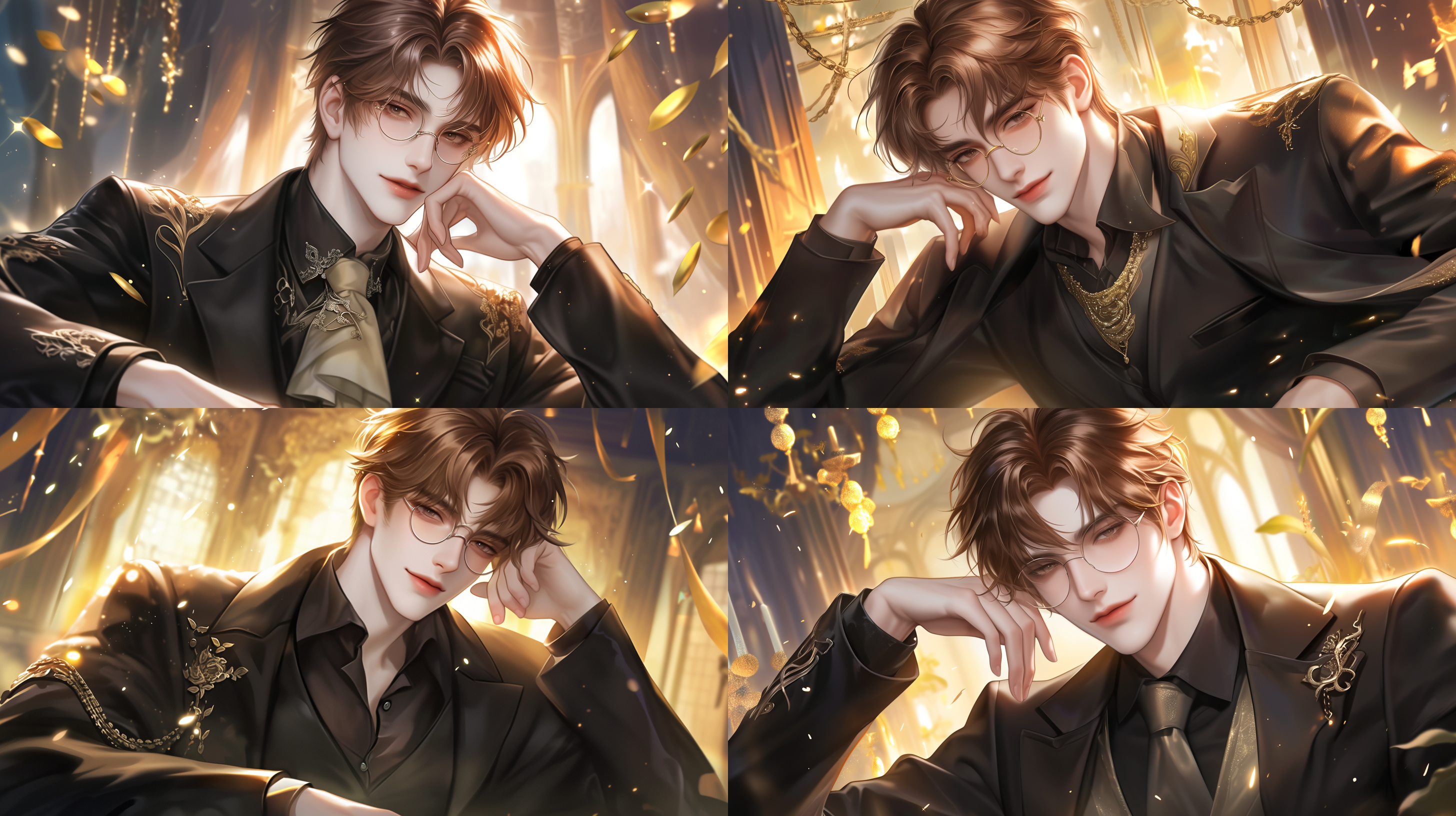 一个非常帅气的中国男人 穿着黑色西装 棕色头发，黑色眼珠，宽额头，瘦脸庞，带眼镜，红唇轻笑 背景宴会大厅 双脚交叉 微微低头 完美的身材 完美的五官 精致的细节 高分辨率 人物特写，神秘氛围，细节丰富，朦胧美感，冷色调，凝视，神秘。二次元 浮世绘 超扁平