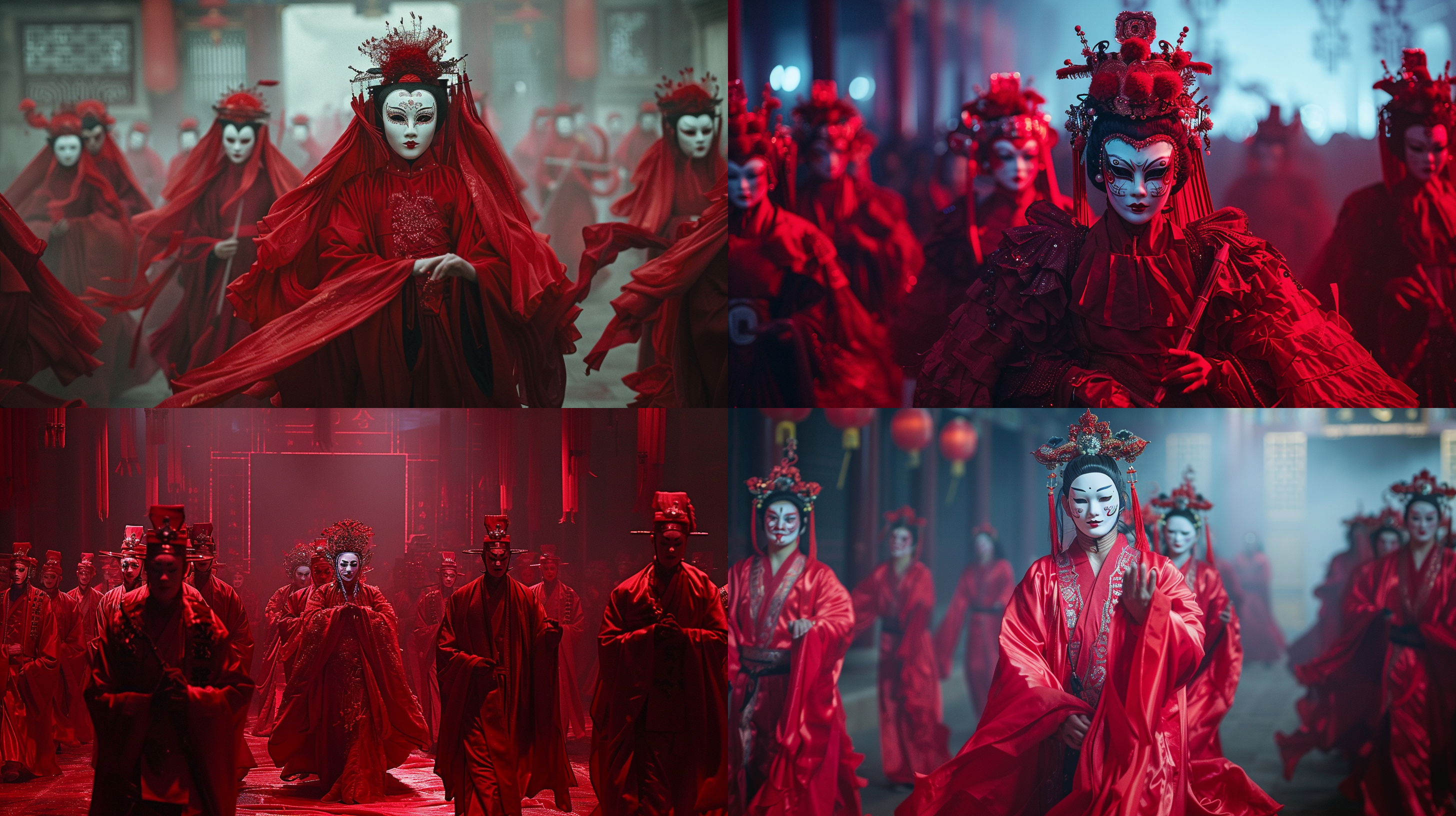 大红迎亲队伍，古代风格，唢呐芦笙，红色喜服，诡异，粉底脸，阴暗，大雾，僵硬步伐，中国传统风格，低饱和度，神秘情绪，模糊效果