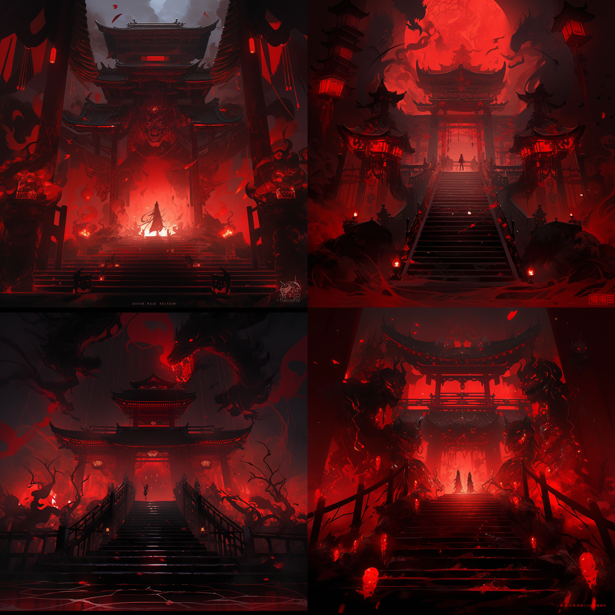 阴森鬼气的地府，阎王殿，奈何桥，黑白无常鬼差，中国古代红黑色元素，高对比度，暗调，宽幅镜头，静态，神秘。