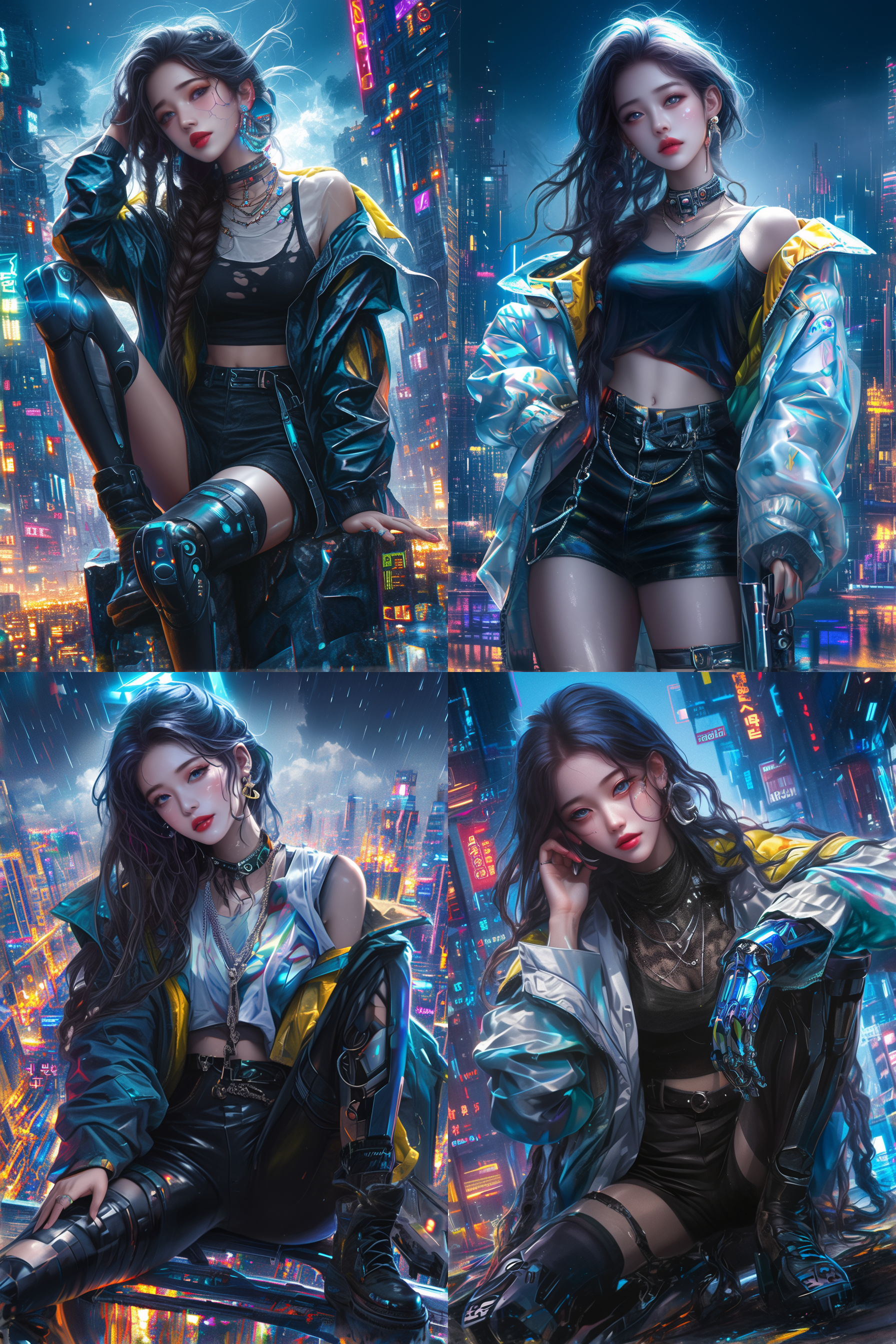 赛博朋克风格，超帅女生，特写 闪烁灯光，未来城市背景，紧身黑色服装，金属感眼镜，侧面角度，冷色调，微笑，霓虹灯效果，高反差，科幻感。 电影灯光 少女风 全身 赛博空间 创风格 游戏场景图