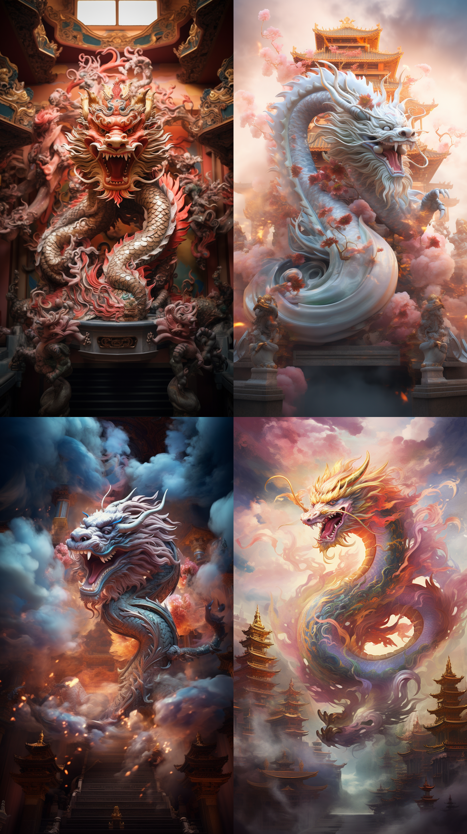 中国龙在天庭，光芒四射，神秘仙气，长焦镜头，明亮色调，自然光线，飘逸舞动，威严气势。