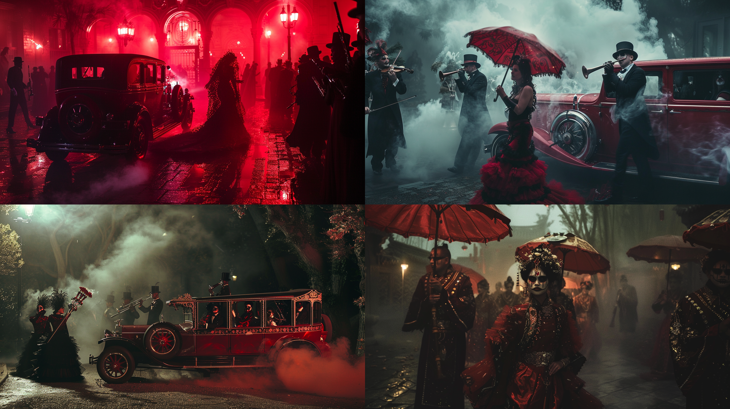 迎亲队伍，芦笙喜庆，大红花轿，诡异喜服，扭曲面部，厚粉底，阴暗雾气，僵硬步伐，诡异氛围，高对比度，佳能相机，暗调，红色主题，神秘情绪