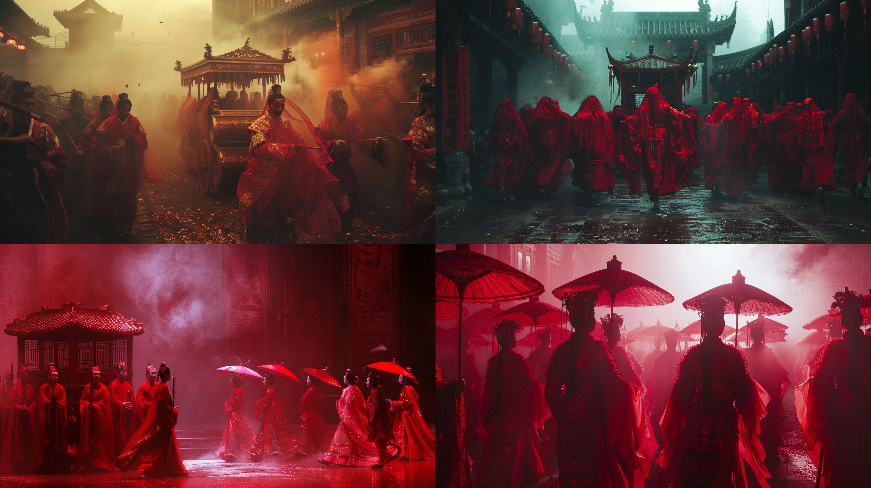 中国古代婚礼队伍，唢呐芦笙，大红花轿，全身红色喜服，诡异扭曲面部，厚粉底，步履僵硬，阴暗雾中，恐怖，诡异，红色调，大光圈，虚化背景，低饱和度。