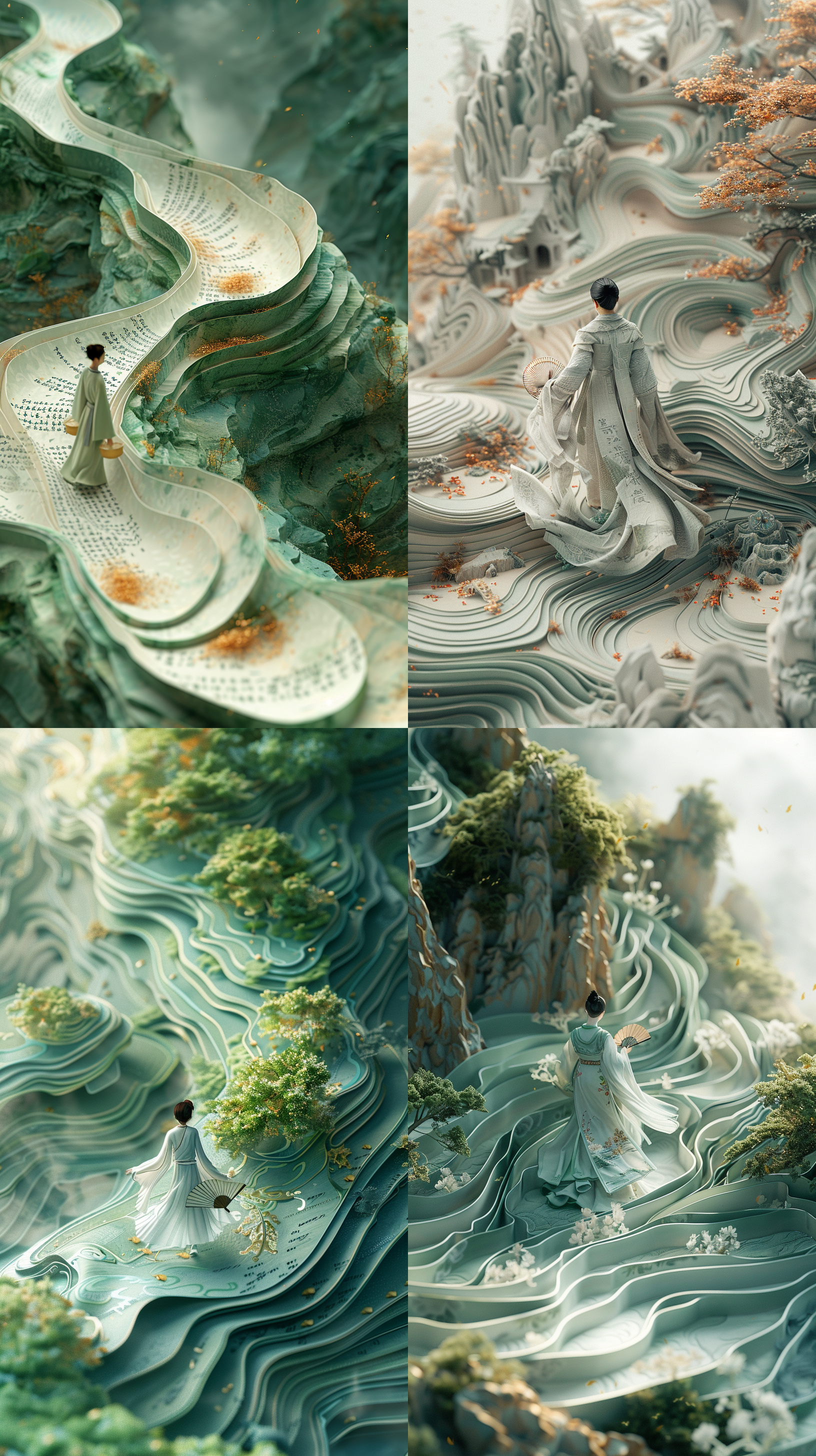 微型景观。一个中国古代男孩走在许多起伏的卷轴上，卷轴上写满了中国书法作品。男孩手持扇子，身穿飘逸柔软的丝绸汉服。他的长发在风中飘扬。中国水墨场景的3d渲染。淡金色和翡翠渐变场景。俯视，场面宏大。明亮的画面，梦幻的氛围，星空，历史画，虚幻引擎5渲染，高清画质，高分辨率，高质量，8k画质。