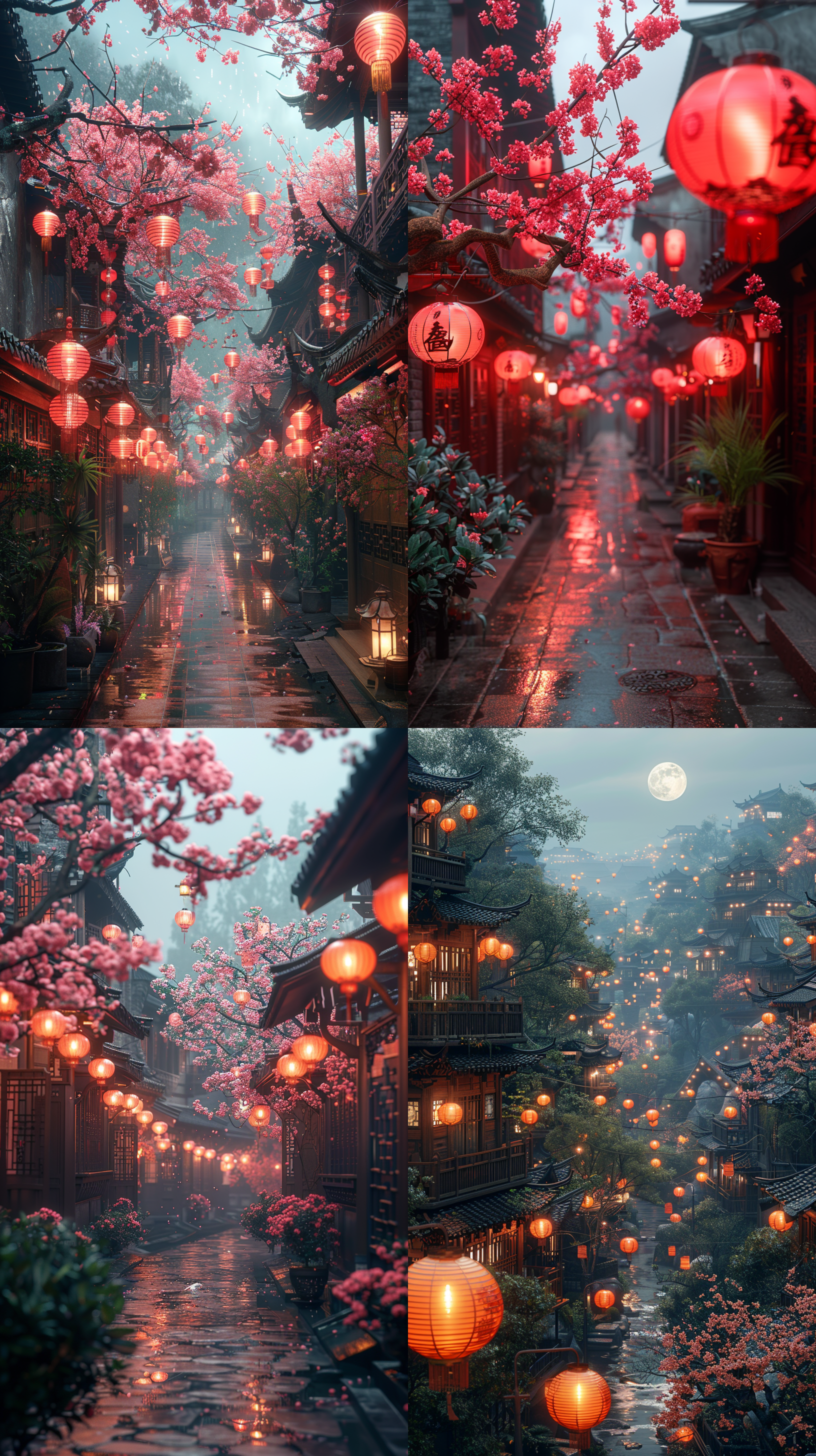 user is interested in creating powerful midjourney ai image generator prompts.古代中国的超现实cg渲染。天空中有许多发光的孔明灯，江南的古建筑，街道和夜晚。桃花，在月亮上的桃花，创造月亮的月亮，4k，hd。孔明灯，古建筑，江南风光，夜景，桃花，月亮，4k，hd。 超现实主义 摄影纪实