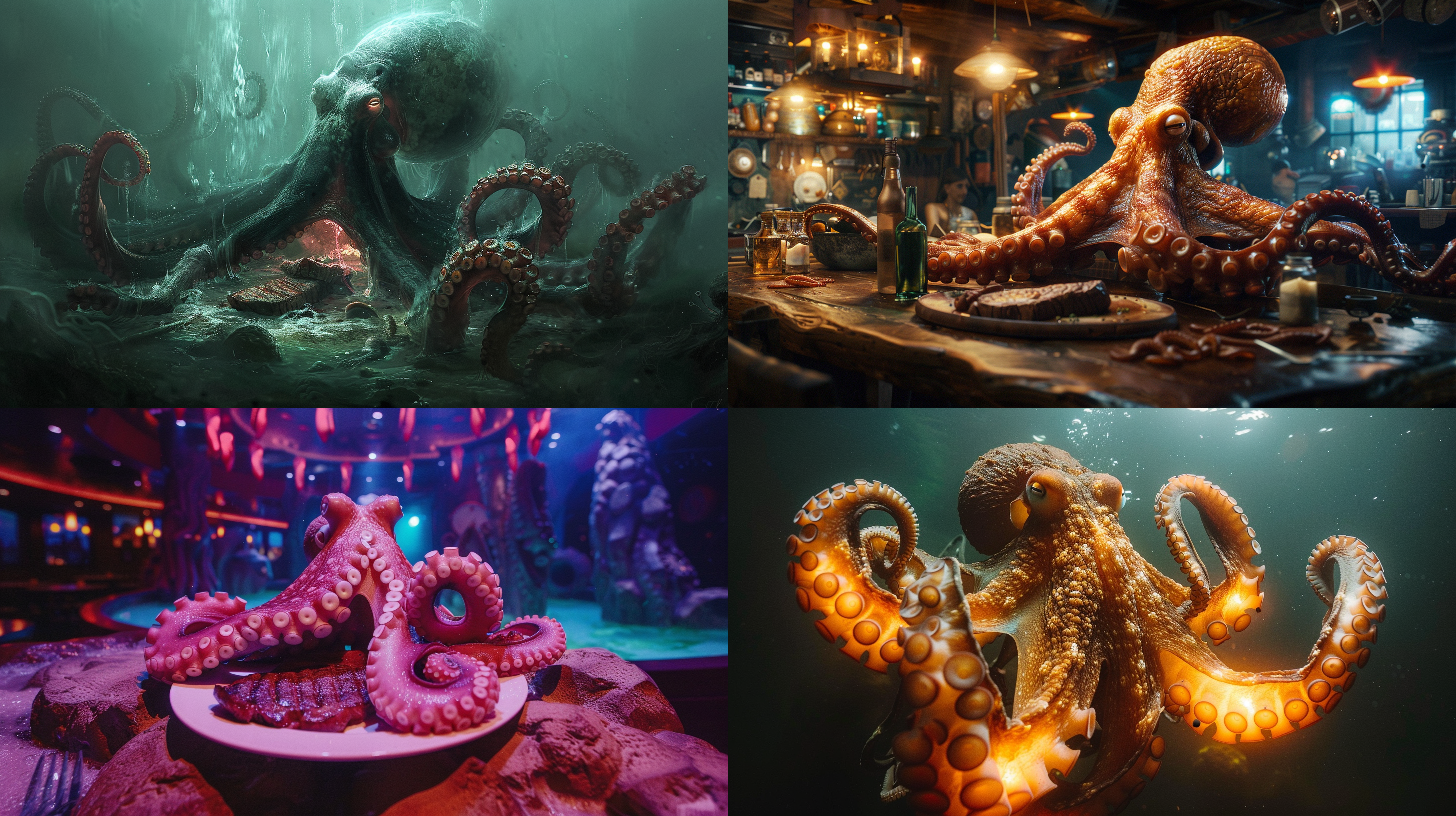 大海里一只巨大的章鱼，章鱼身上发着光，吃着牛排，拟人化，广角镜头，奇妙的光线